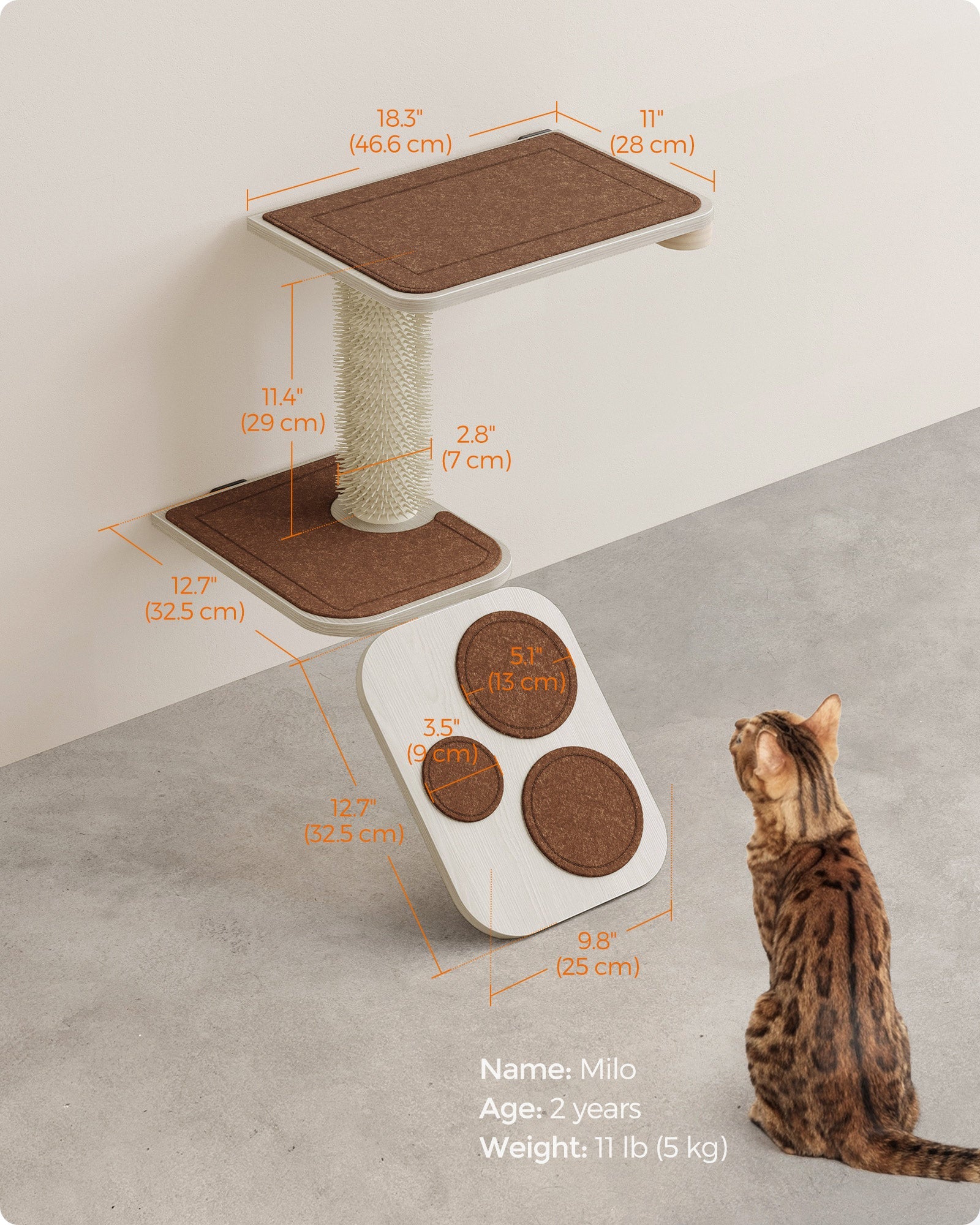 Wall-Mounted Cat Stairs – Wood – Natural Finish – Includes Shelf and Self-Groomer