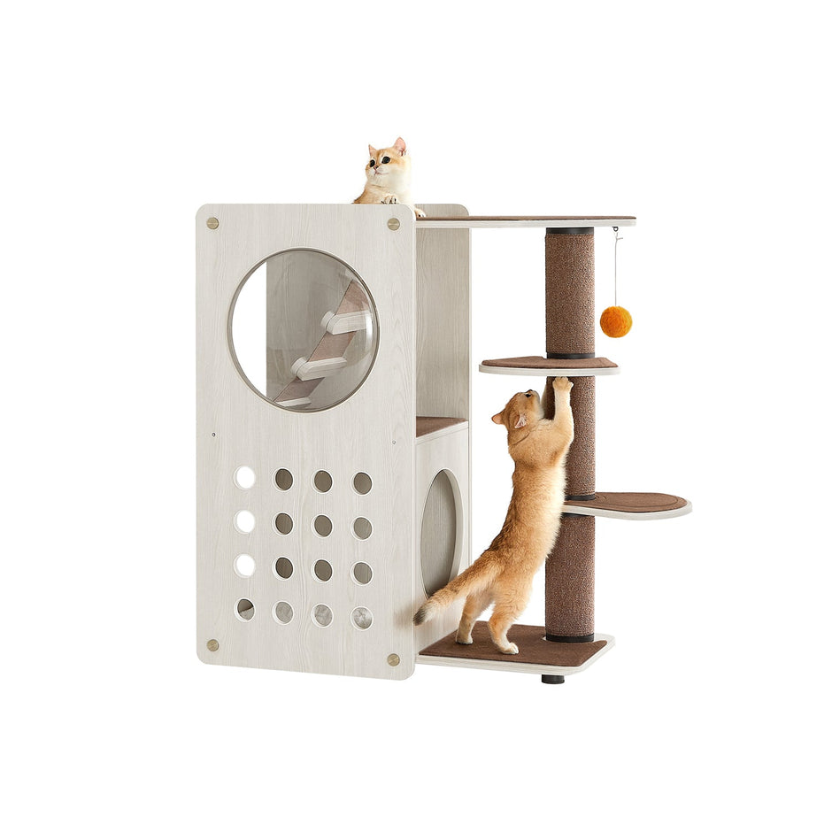 Cat Tree – Wood and Fabric – Natural – Includes Scratching Post and Soft Ladder