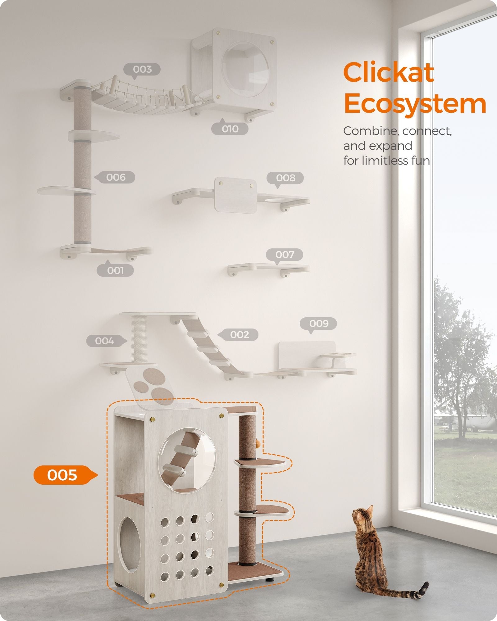 Cat Tree – Wood and Fabric – Natural – Includes Scratching Post and Soft Ladder