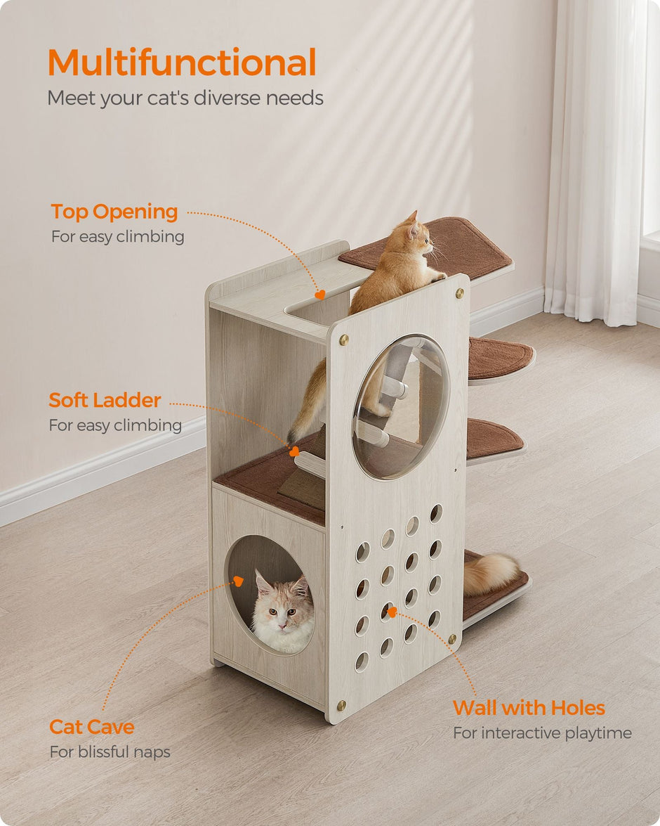 Cat Tree – Wood and Fabric – Natural – Includes Scratching Post and Soft Ladder