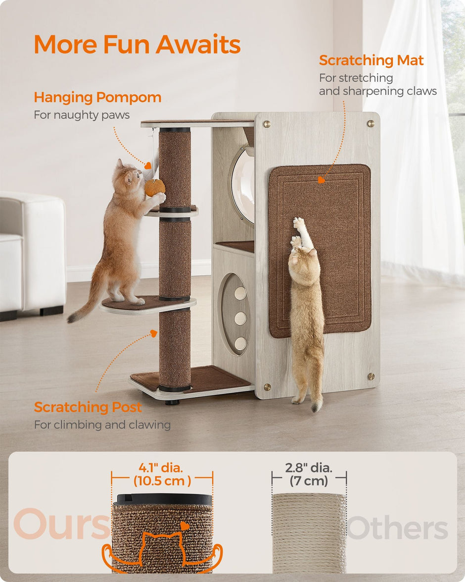 Cat Tree – Wood and Fabric – Natural – Includes Scratching Post and Soft Ladder