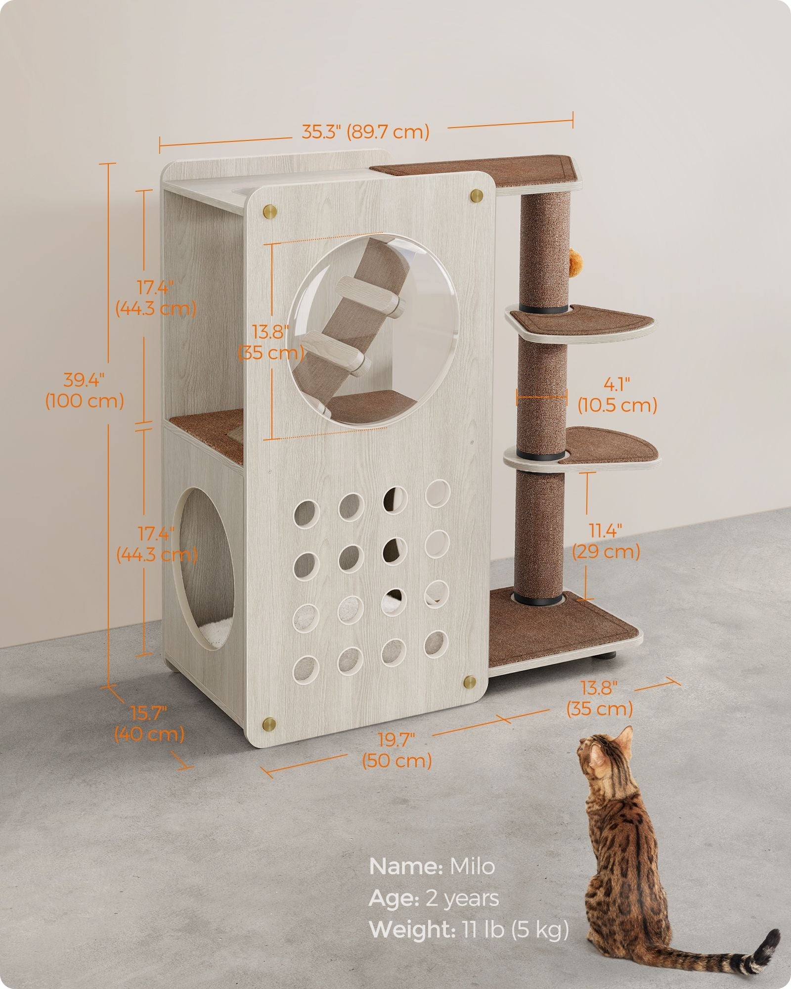 Cat Tree – Wood and Fabric – Natural – Includes Scratching Post and Soft Ladder