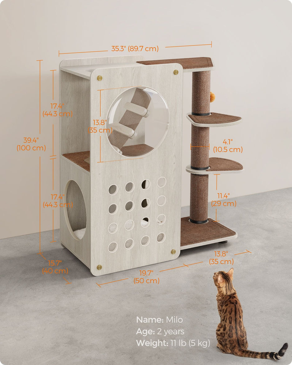 Cat Tree – Wood and Fabric – Natural – Includes Scratching Post and Soft Ladder