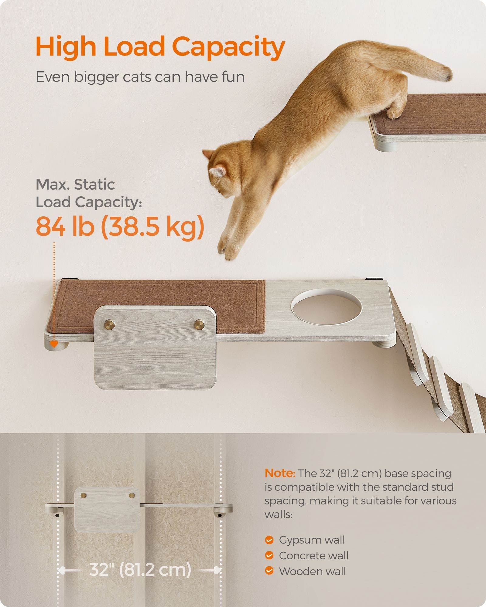 Wall-Mounted Cat Shelf – Wood – Natural Finish – Large with Felt Pad