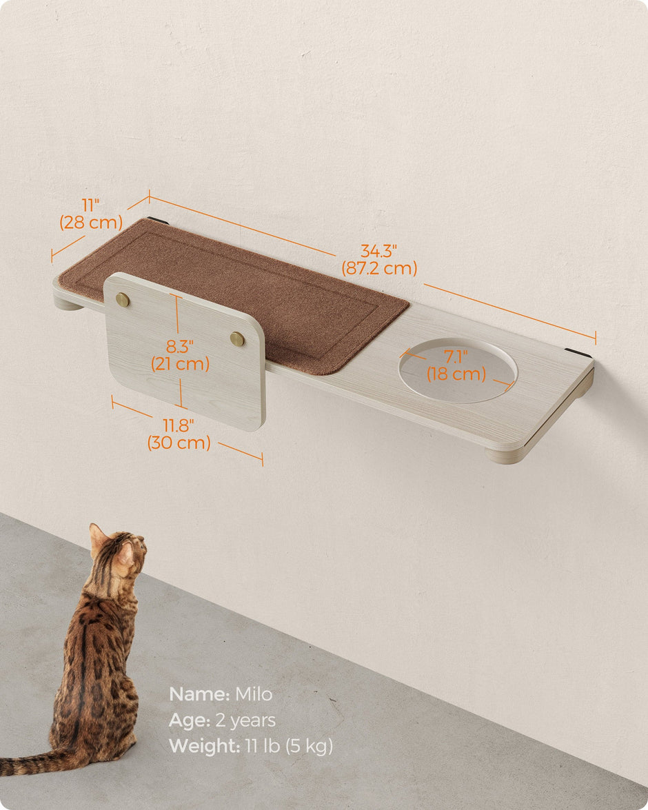 Wall-Mounted Cat Shelf – Wood – Natural Finish – Large with Felt Pad