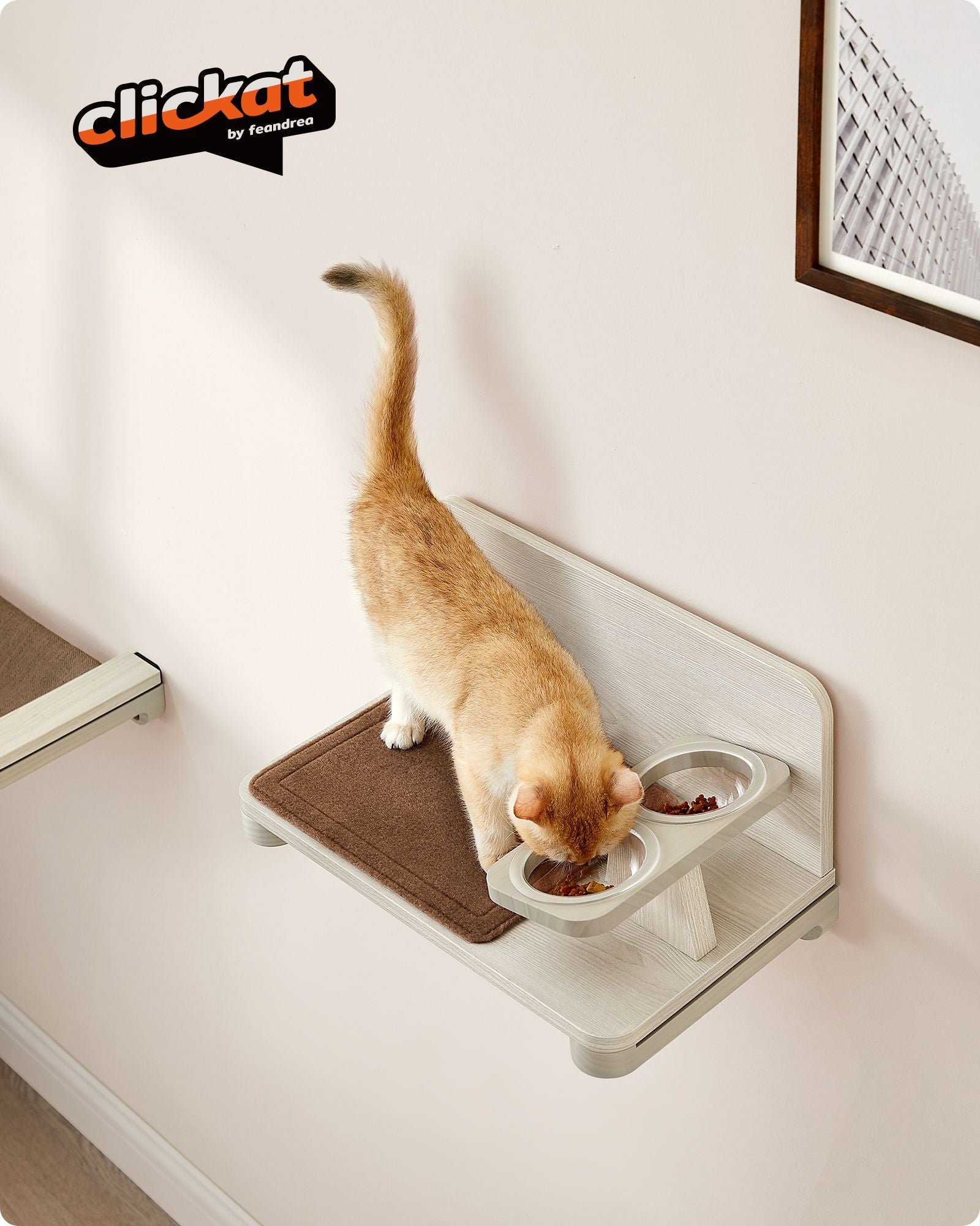 Wall-Mounted Cat Food Station – Wood – Natural Finish – Elevated Bowls Design