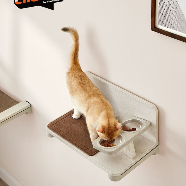Wall-Mounted Cat Food Station – Wood – Natural Finish – Elevated Bowls Design
