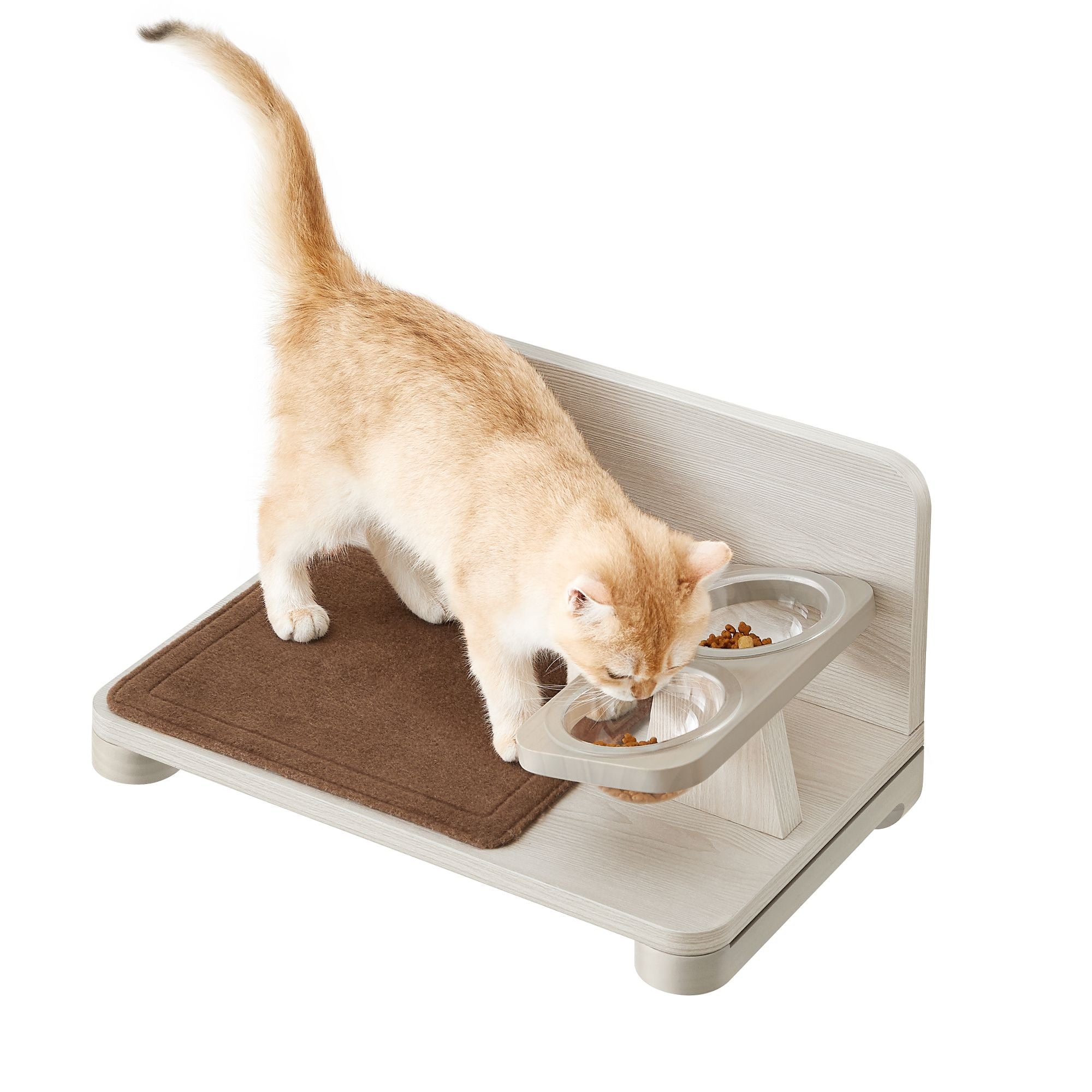 Wall-Mounted Cat Food Station – Wood – Natural Finish – Elevated Bowls Design