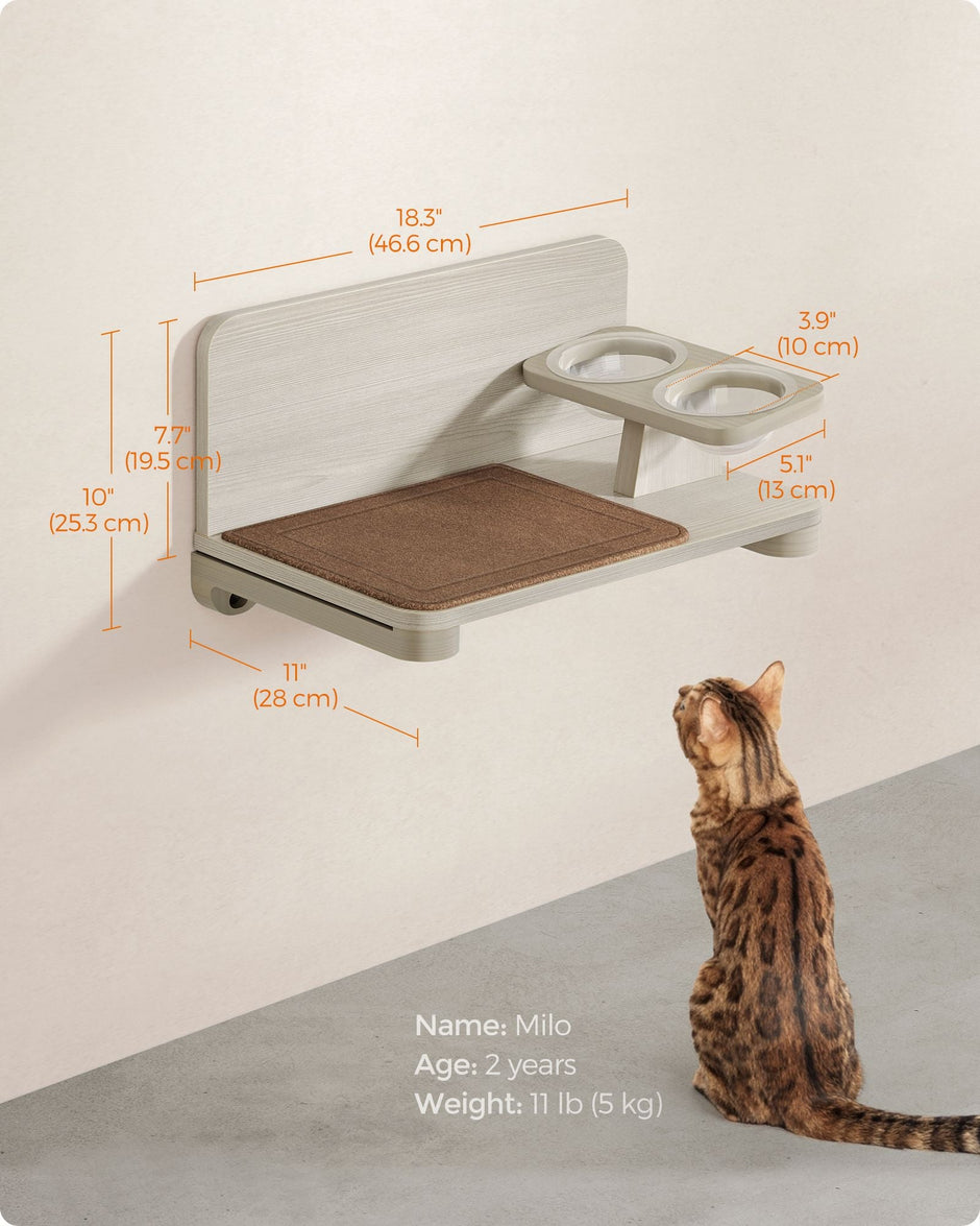 Wall-Mounted Cat Food Station – Wood – Natural Finish – Elevated Bowls Design