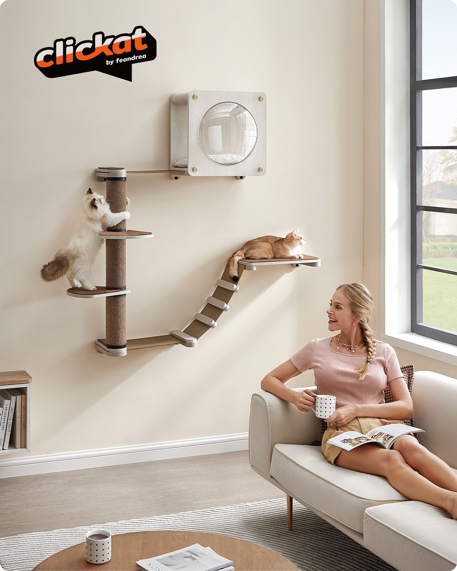 Cat Wall Furniture Set – Engineered Wood – Natural Finish – Includes 5 Pieces