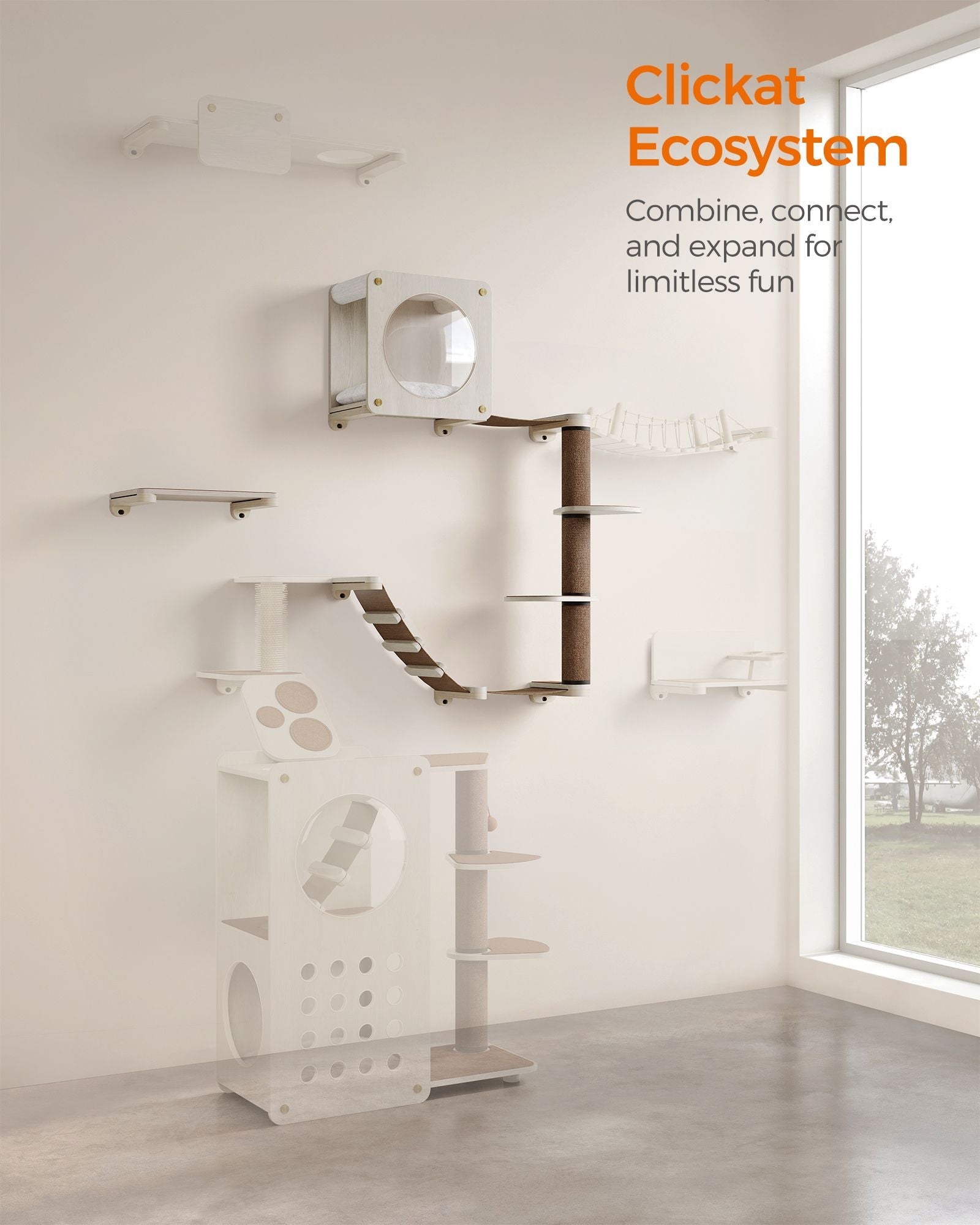Cat Wall Furniture Set – Engineered Wood – Natural Finish – Includes 5 Pieces