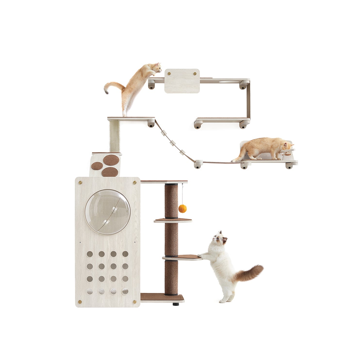 Cat Wall Furniture Set – Wood – Natural Finish – Includes 7 Pieces