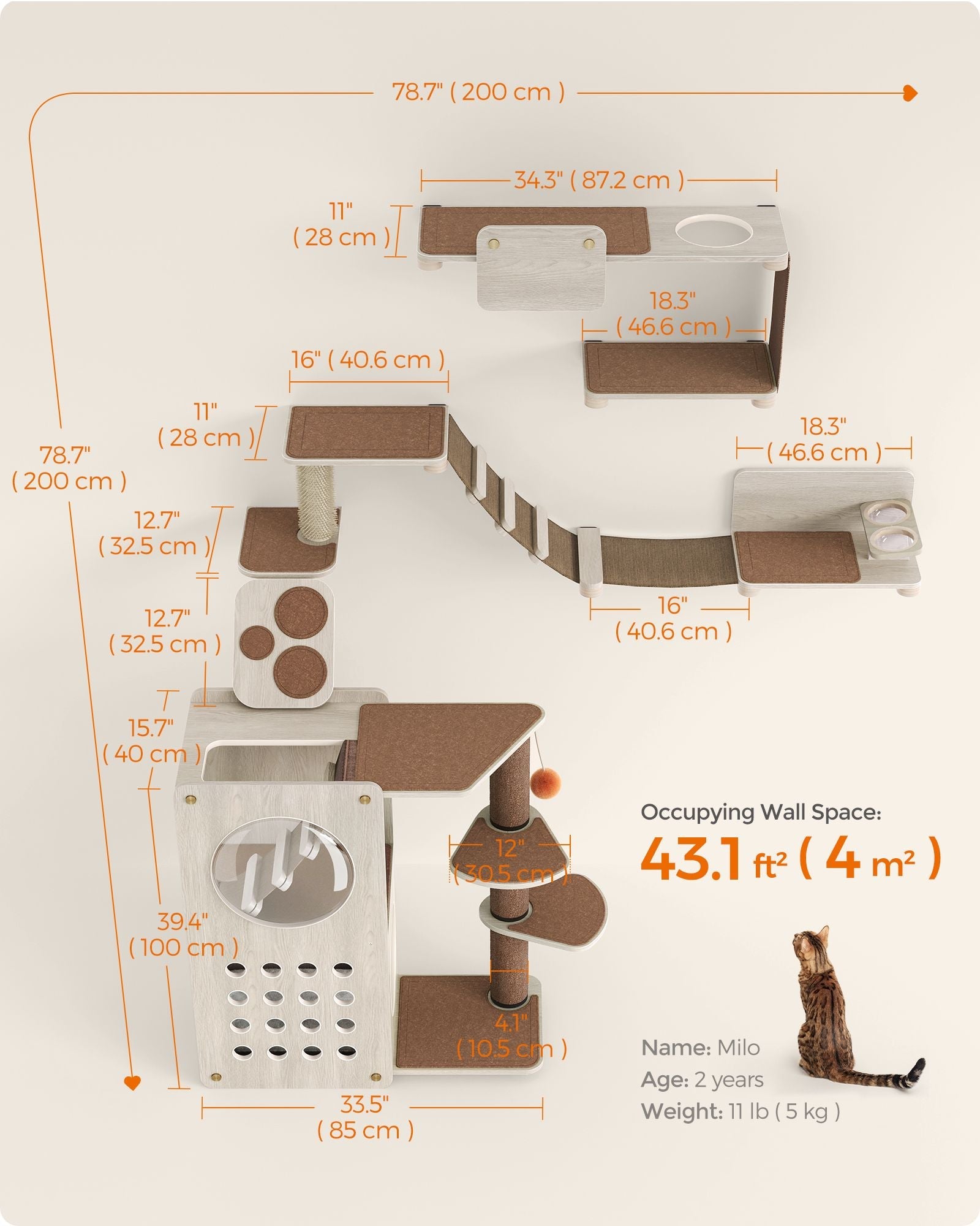 Cat Wall Furniture Set – Wood – Natural Finish – Includes 7 Pieces