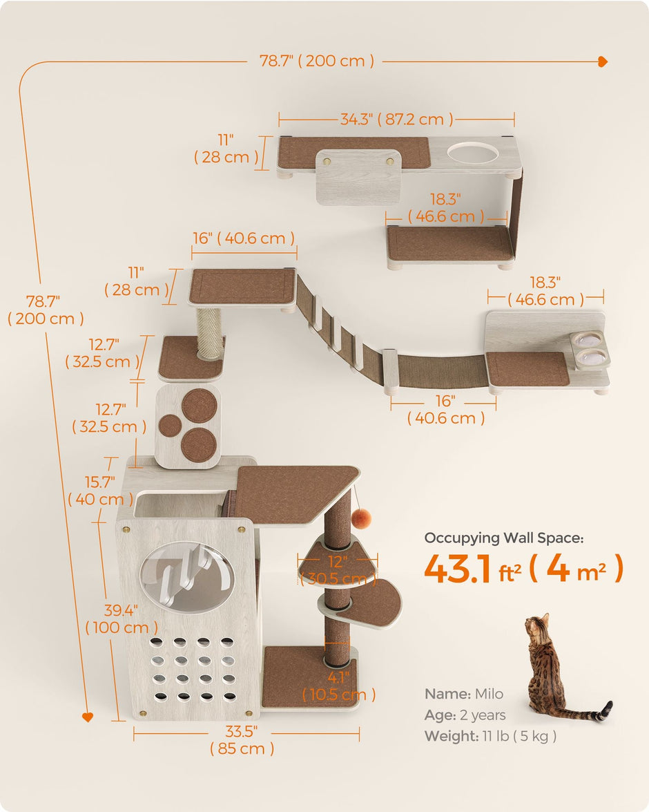 Cat Wall Furniture Set – Wood – Natural Finish – Includes 7 Pieces