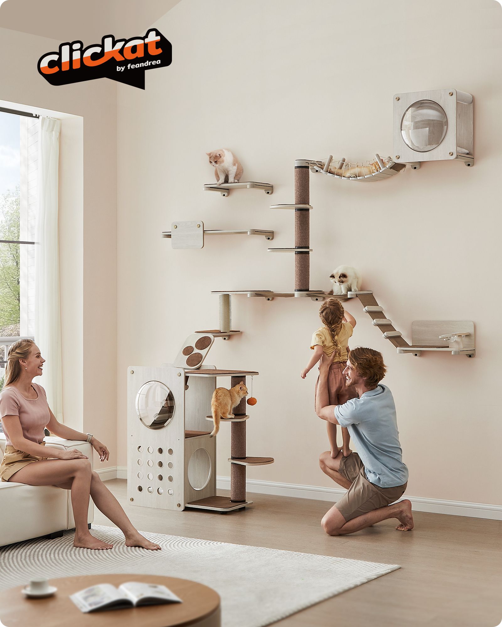 Cat Wall Furniture Set – Wood – Natural Finish – Space-Saving Design