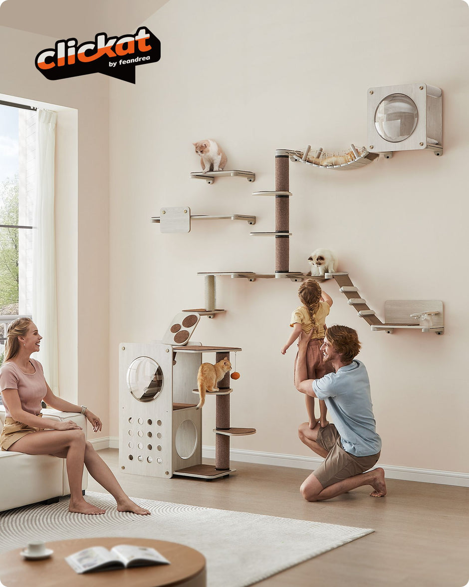 Cat Wall Furniture Set – Wood – Natural Finish – Space-Saving Design