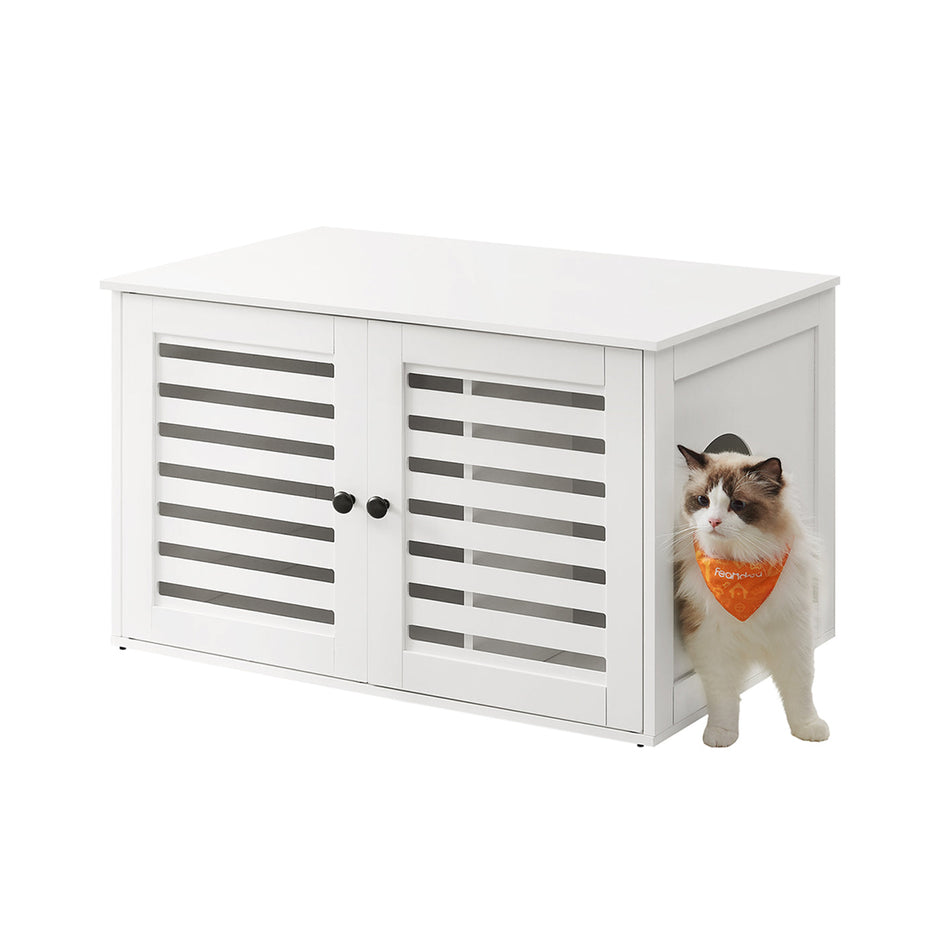 Cat Litter Box Enclosure – PCL – Cloud White – Hidden Design with Removable Divider and Shutter Doors