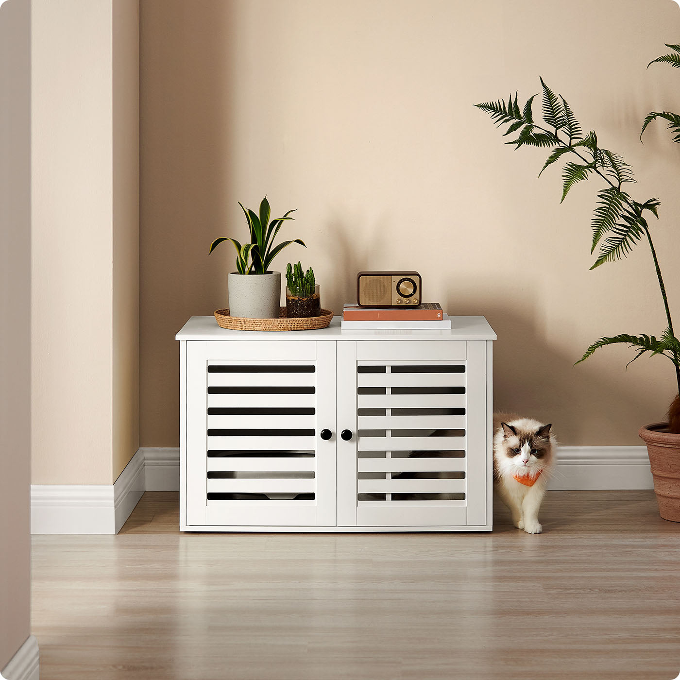 Cat Litter Box Enclosure – PCL – Cloud White – Hidden Design with Removable Divider and Shutter Doors