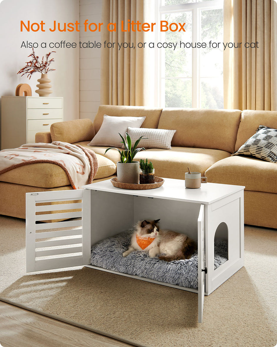 Cat Litter Box Enclosure – PCL – Cloud White – Hidden Design with Removable Divider and Shutter Doors
