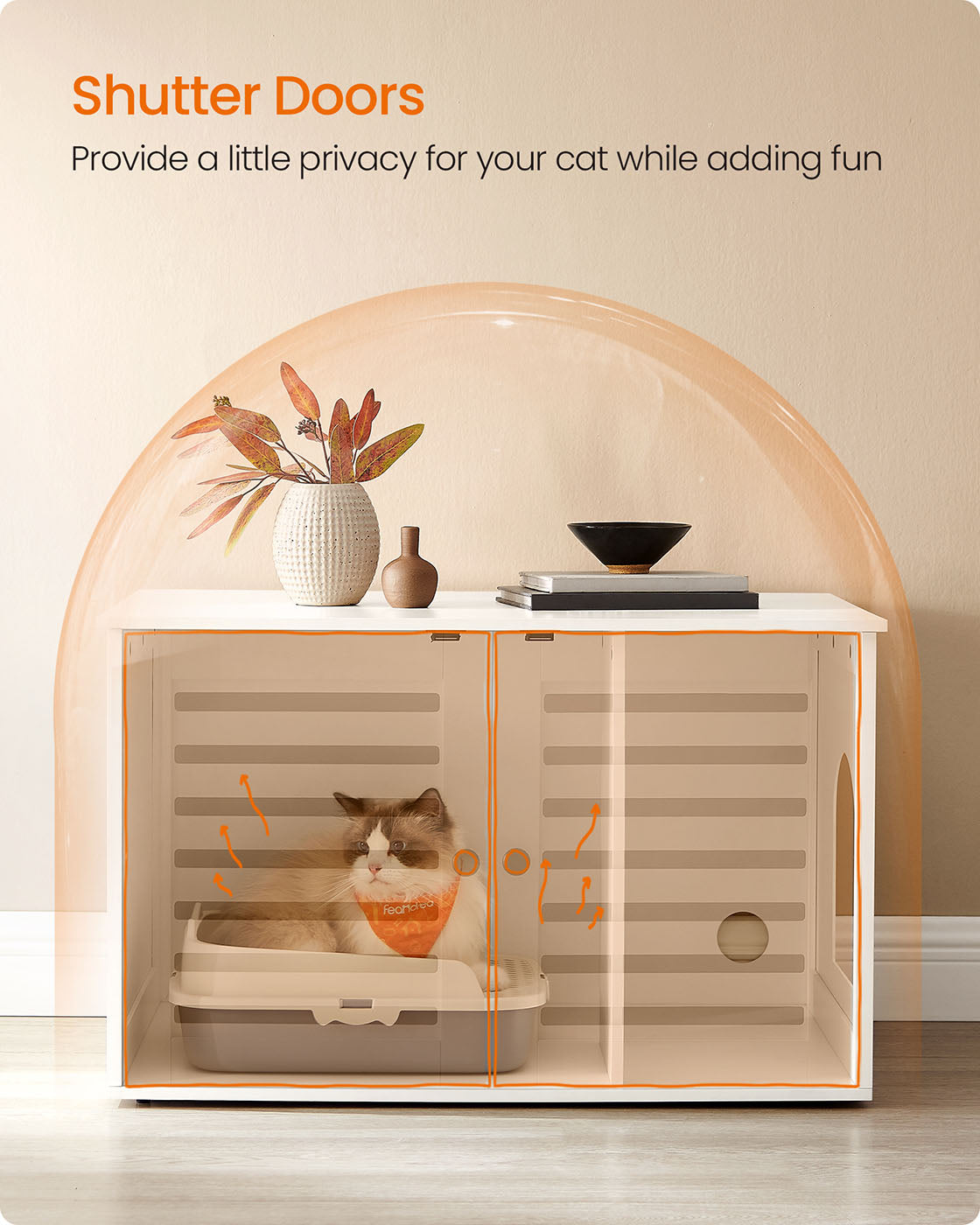 Cat Litter Box Enclosure – PCL – Cloud White – Hidden Design with Removable Divider and Shutter Doors