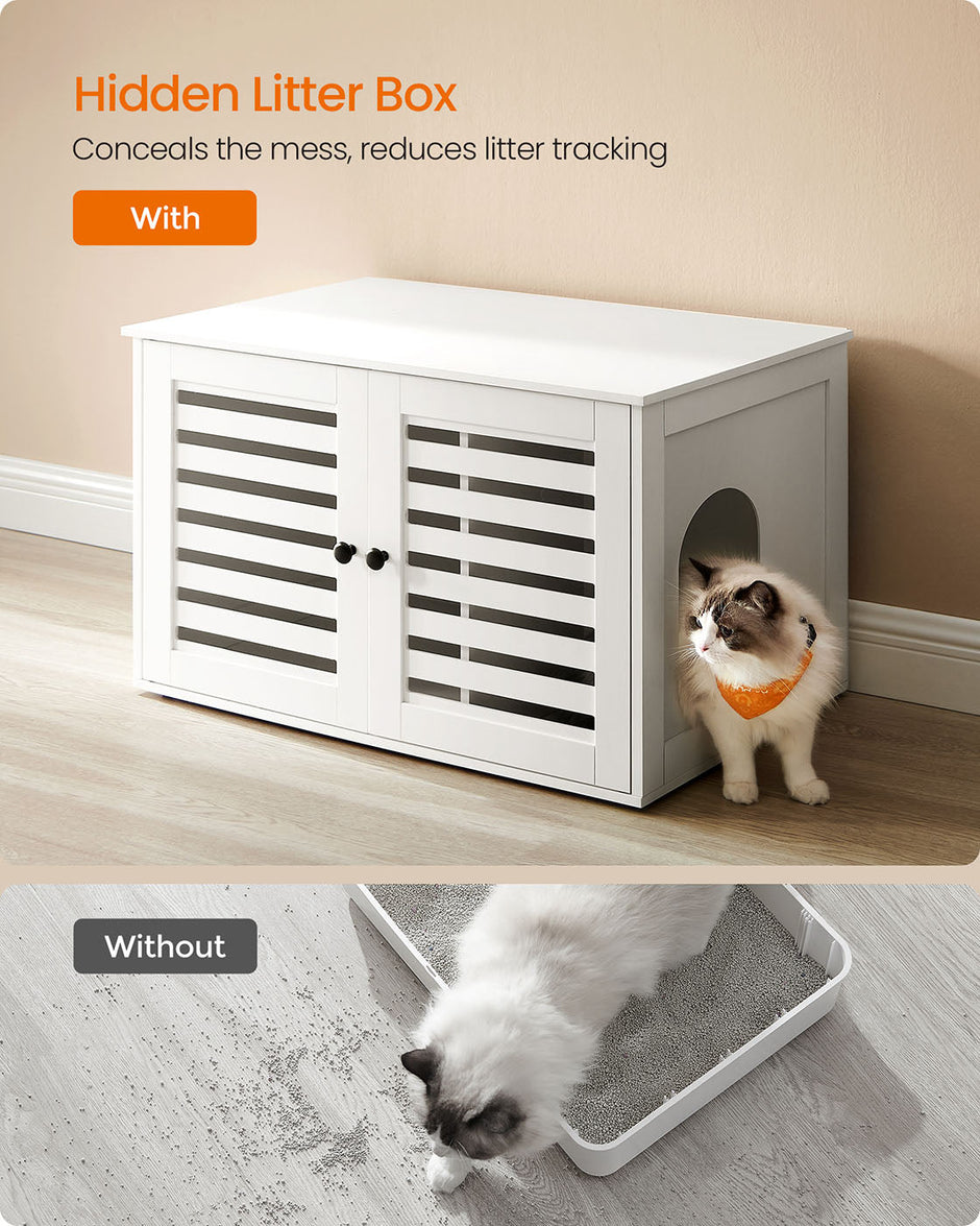 Cat Litter Box Enclosure – PCL – Cloud White – Hidden Design with Removable Divider and Shutter Doors