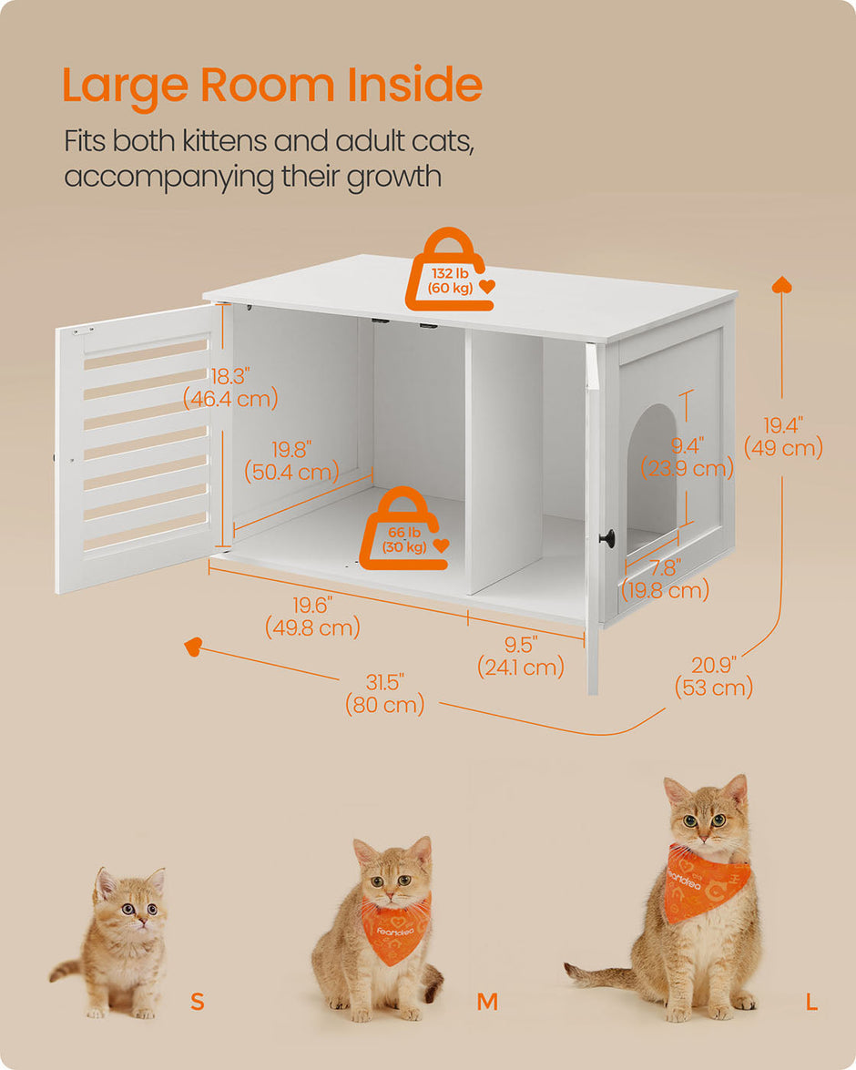 Cat Litter Box Enclosure – PCL – Cloud White – Hidden Design with Removable Divider and Shutter Doors