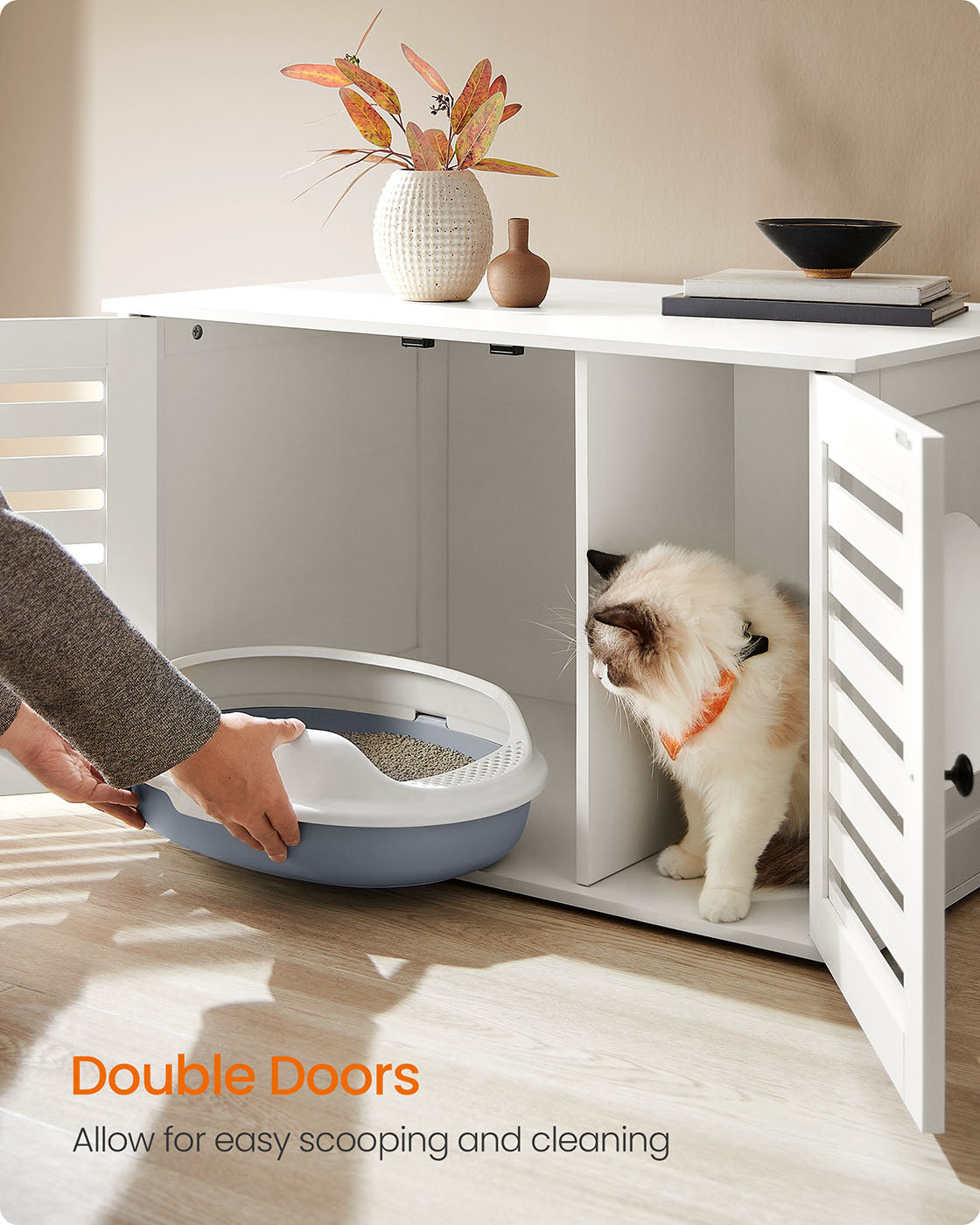 Cat Litter Box Enclosure – PCL – Cloud White – Hidden Design with Removable Divider and Shutter Doors