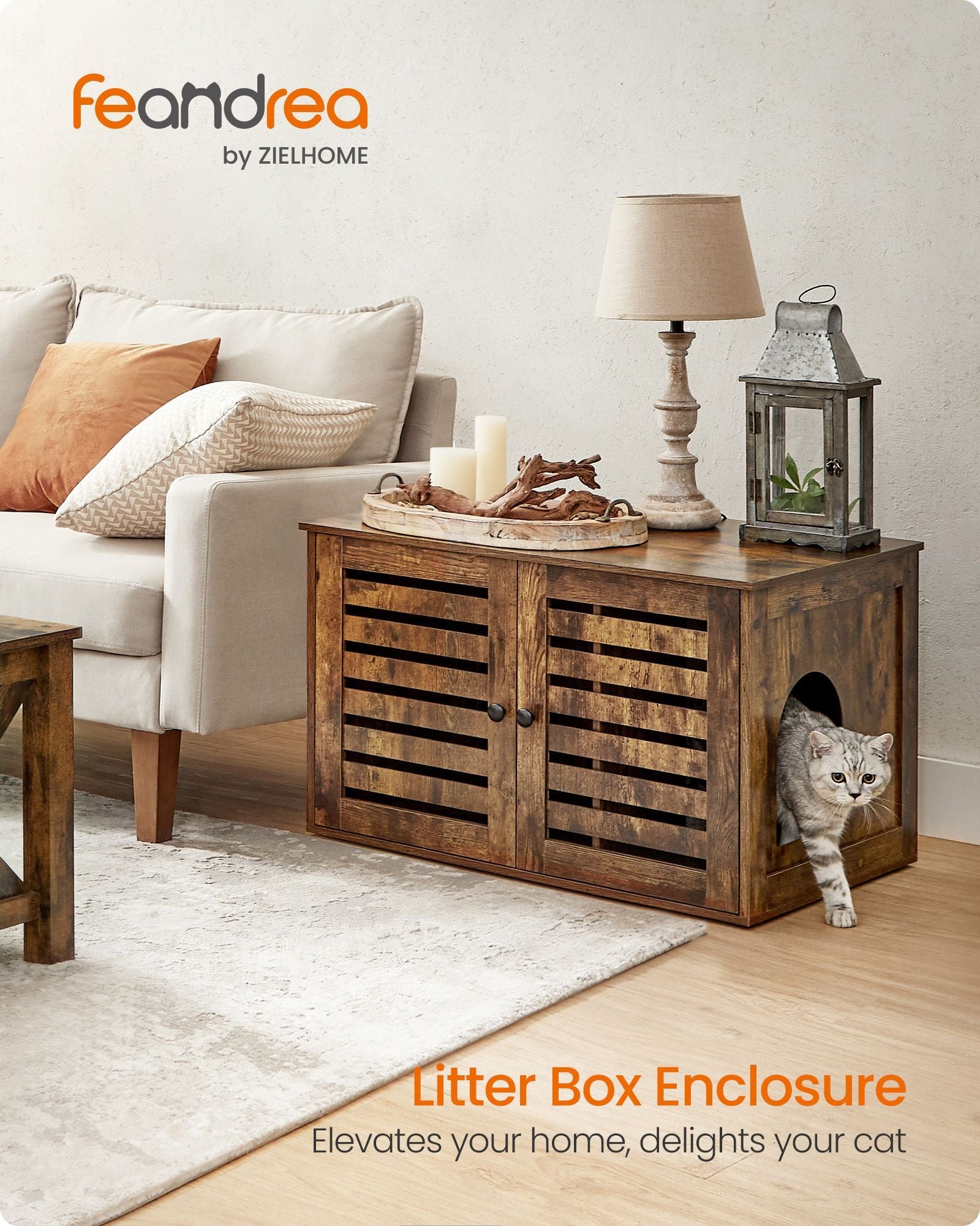 Cat Litter Box Enclosure – PCL – Rustic Brown – Removable Divider and 2 Shutter Doors