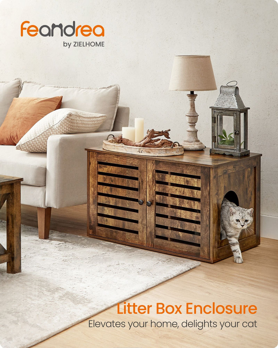 Cat Litter Box Enclosure – PCL – Rustic Brown – Removable Divider and 2 Shutter Doors