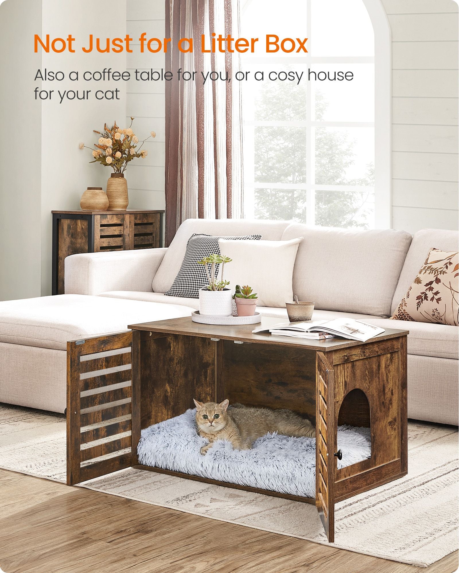 Cat Litter Box Enclosure – PCL – Rustic Brown – Removable Divider and 2 Shutter Doors