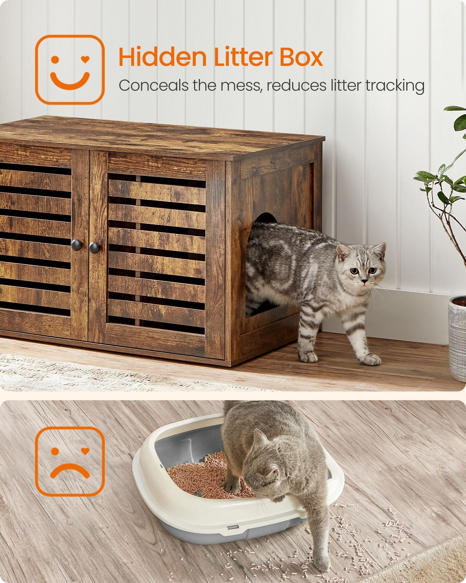 Cat Litter Box Enclosure – PCL – Rustic Brown – Removable Divider and 2 Shutter Doors