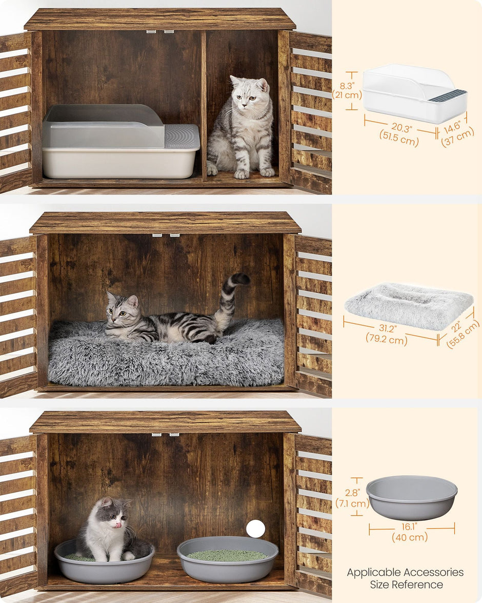 Cat Litter Box Enclosure – PCL – Rustic Brown – Removable Divider and 2 Shutter Doors