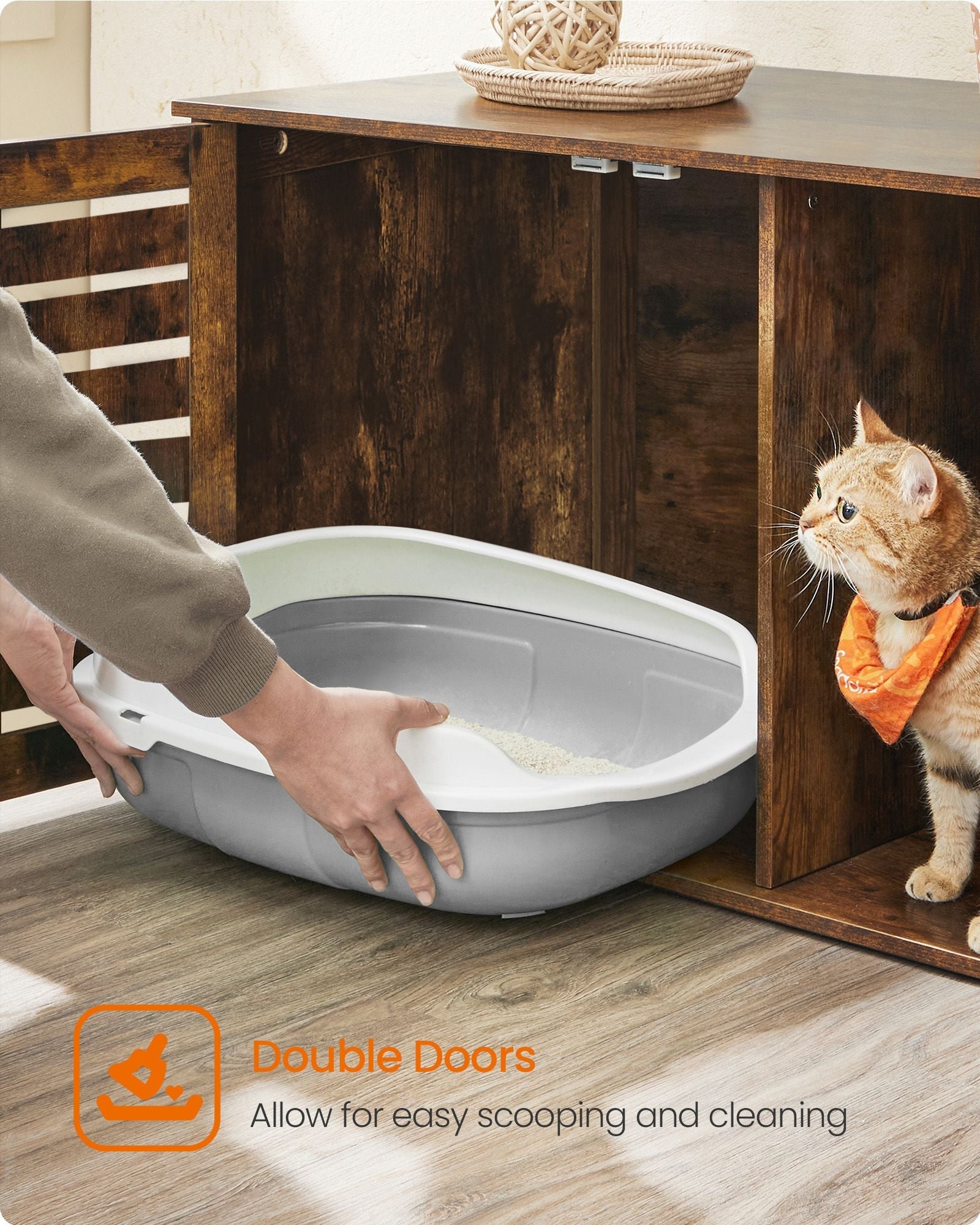 Cat Litter Box Enclosure – PCL – Rustic Brown – Removable Divider and 2 Shutter Doors