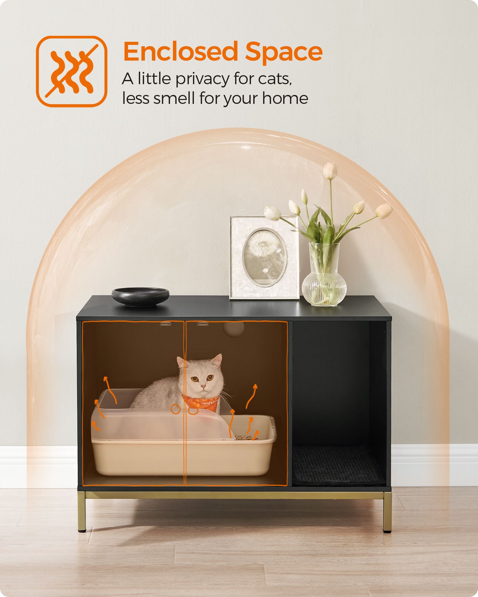 Cat Litter Box Enclosure – PCL – Black and Gold – Hidden Design with Scratching Mat
