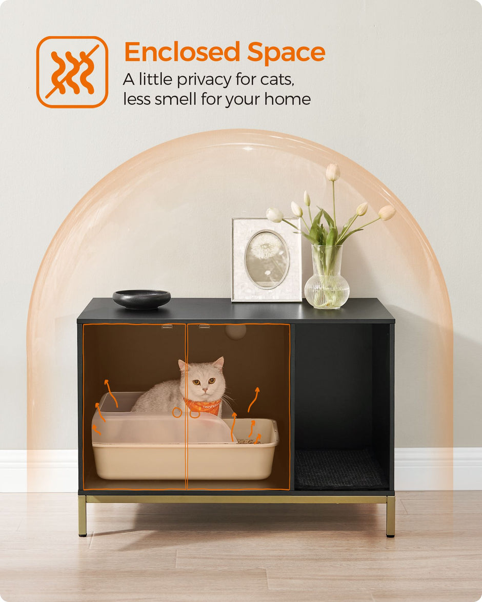 Cat Litter Box Enclosure – PCL – Black and Gold – Hidden Design with Scratching Mat