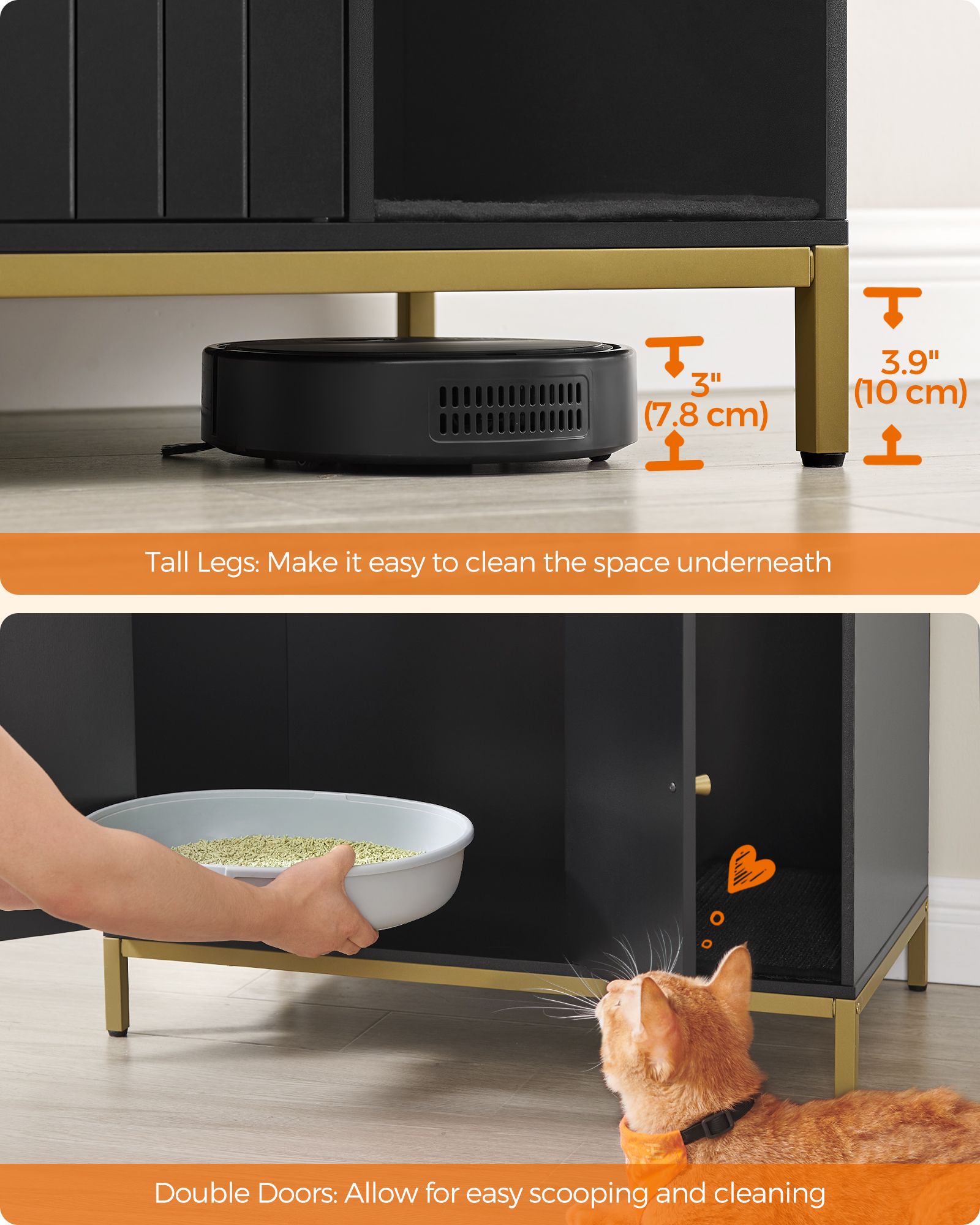 Cat Litter Box Enclosure – PCL – Black and Gold – Hidden Design with Scratching Mat