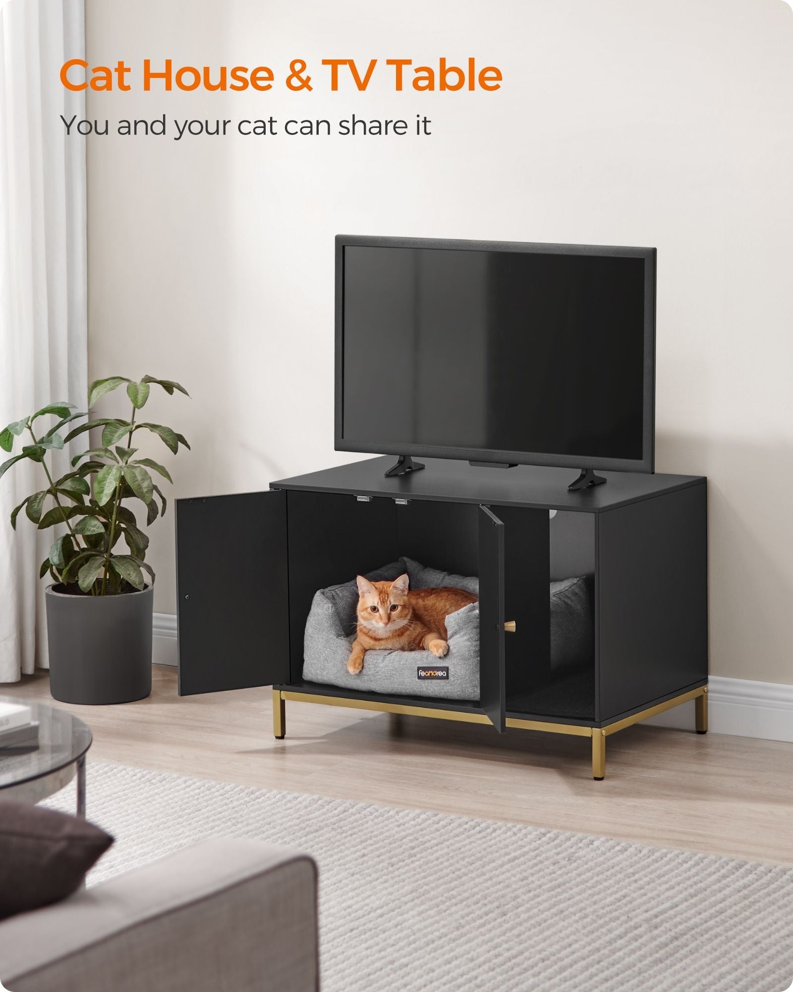 Cat Litter Box Enclosure – PCL – Black and Gold – Hidden Design with Scratching Mat