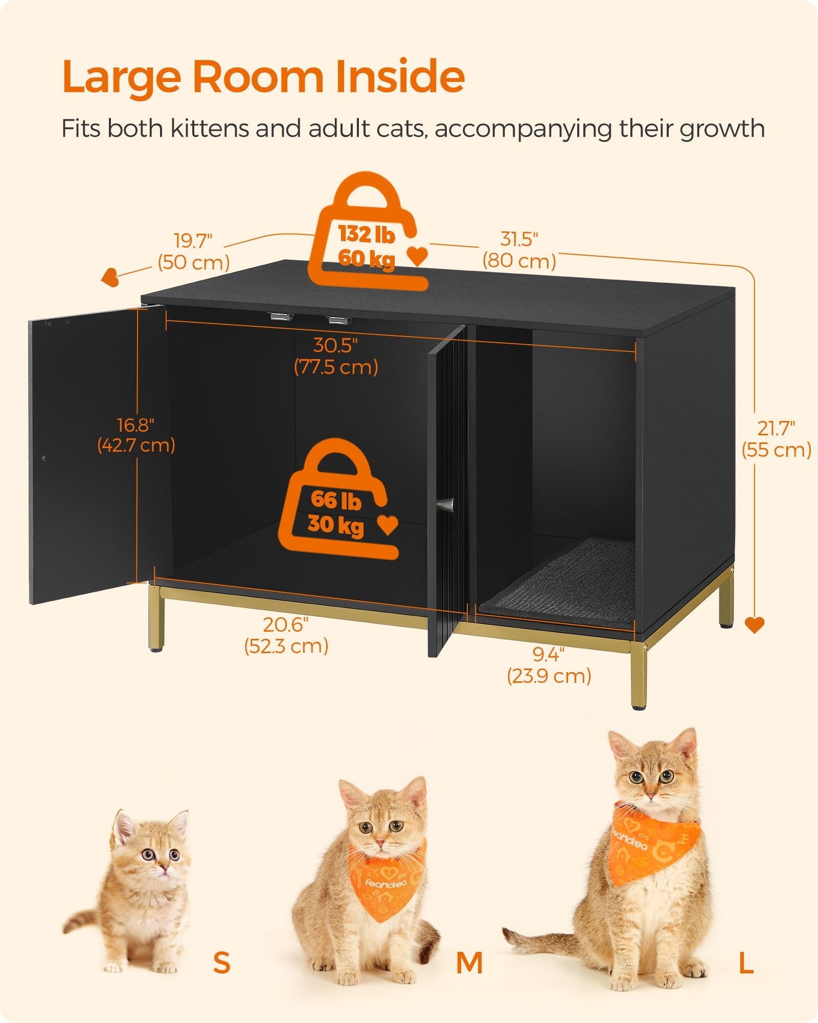 Cat Litter Box Enclosure – PCL – Black and Gold – Hidden Design with Scratching Mat