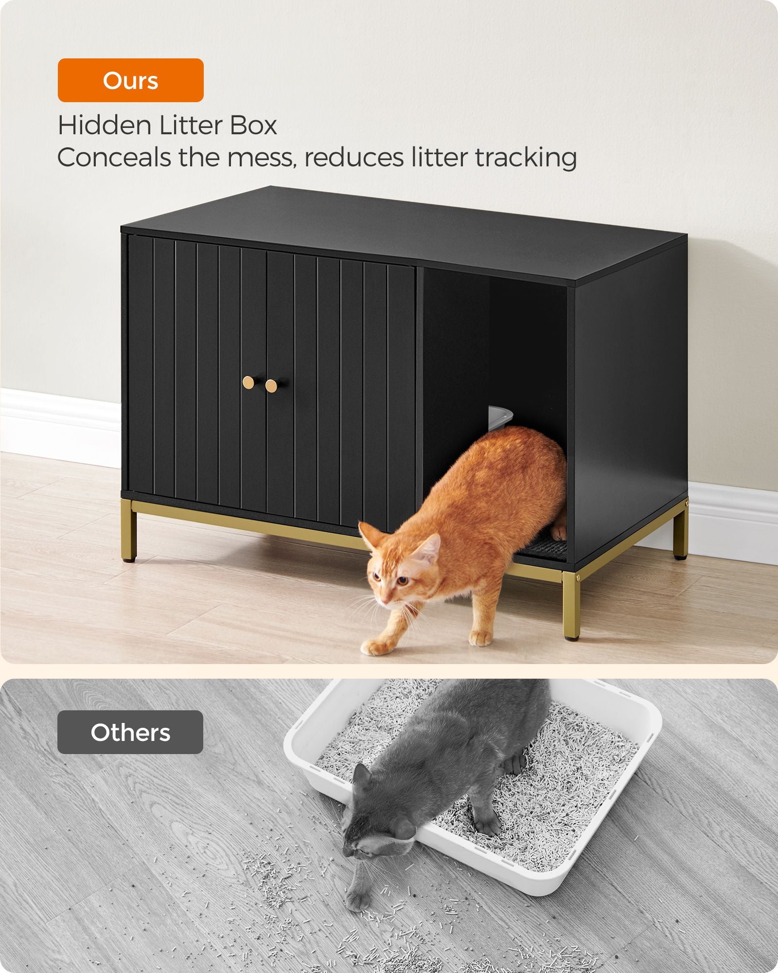 Cat Litter Box Enclosure – PCL – Black and Gold – Hidden Design with Scratching Mat
