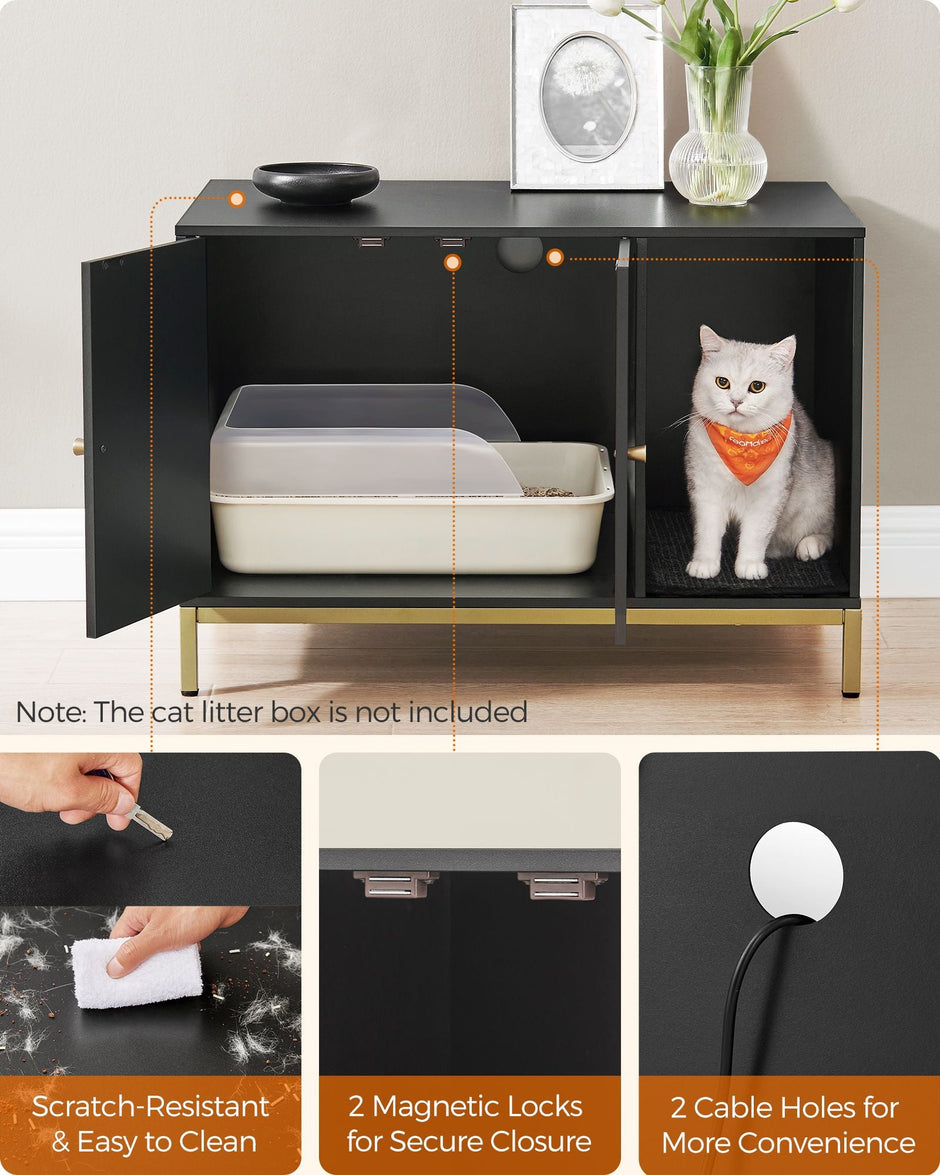 Cat Litter Box Enclosure – PCL – Black and Gold – Hidden Design with Scratching Mat