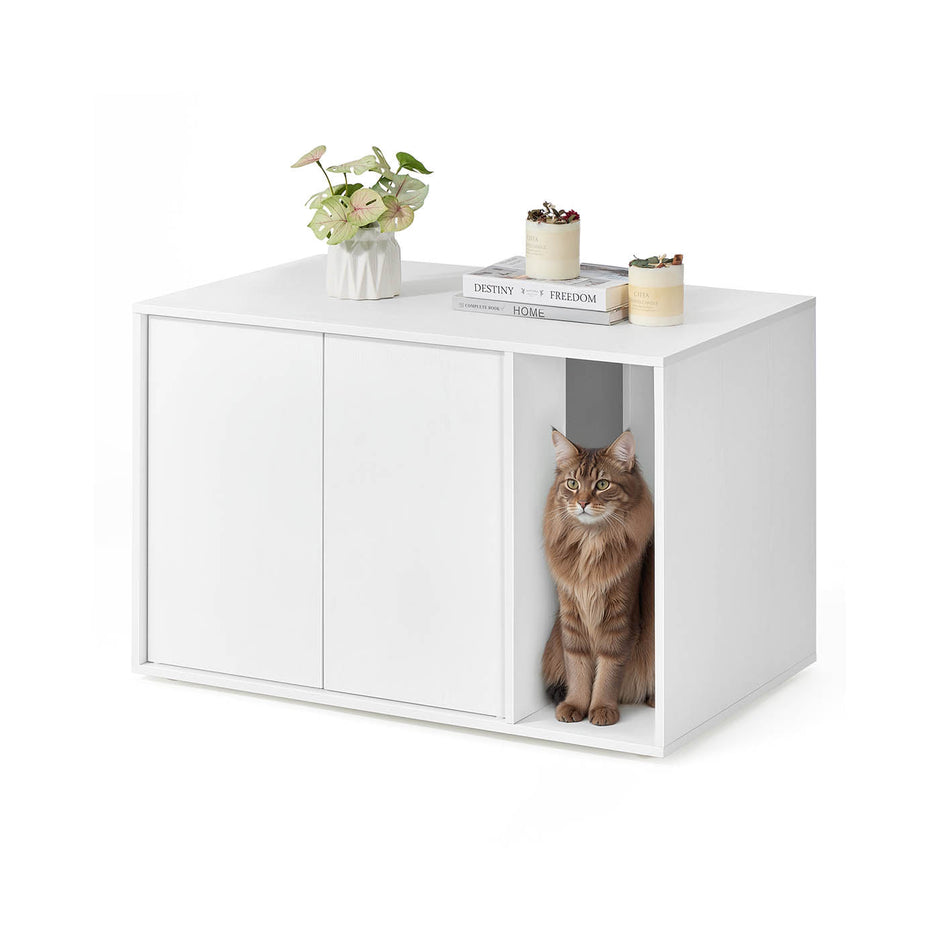 Cat Litter Box Enclosure – Plywood – Snow White – Toolless Assembly, Push-to-Open Doors