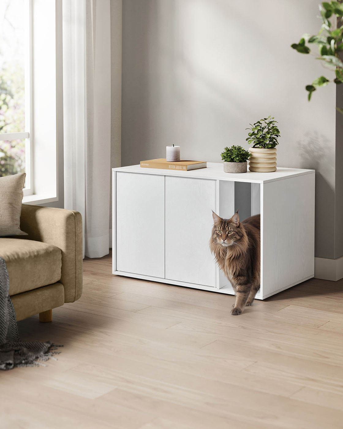 Cat Litter Box Enclosure – Plywood – Snow White – Toolless Assembly, Push-to-Open Doors