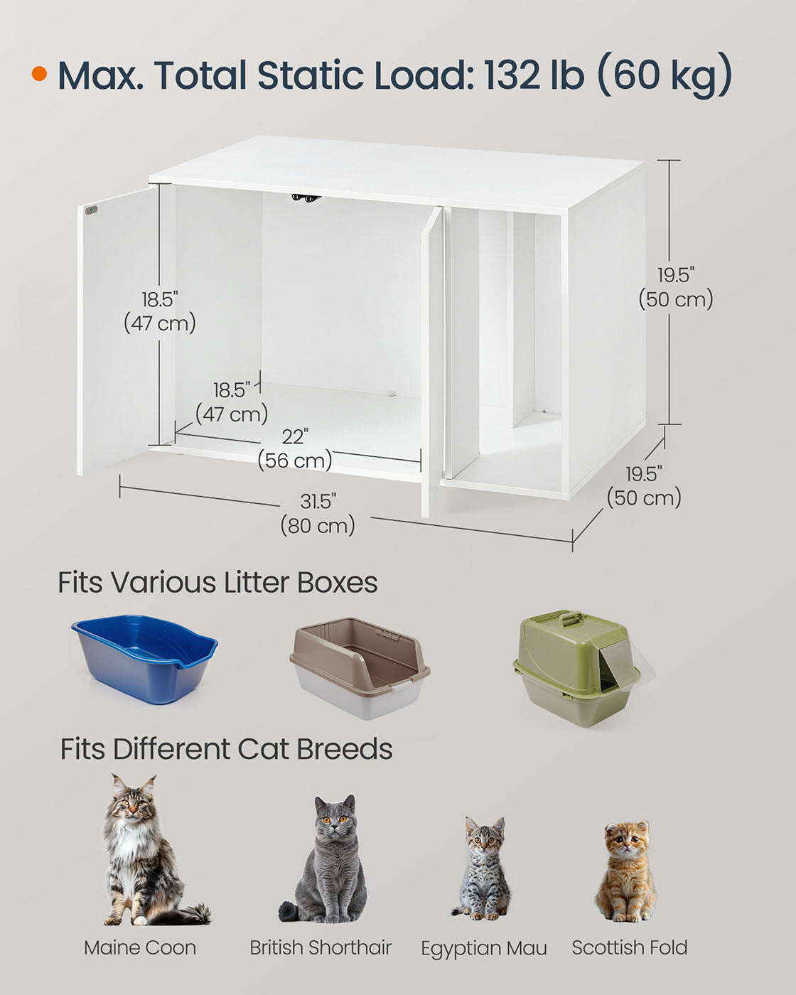 Cat Litter Box Enclosure – Plywood – Snow White – Toolless Assembly, Push-to-Open Doors