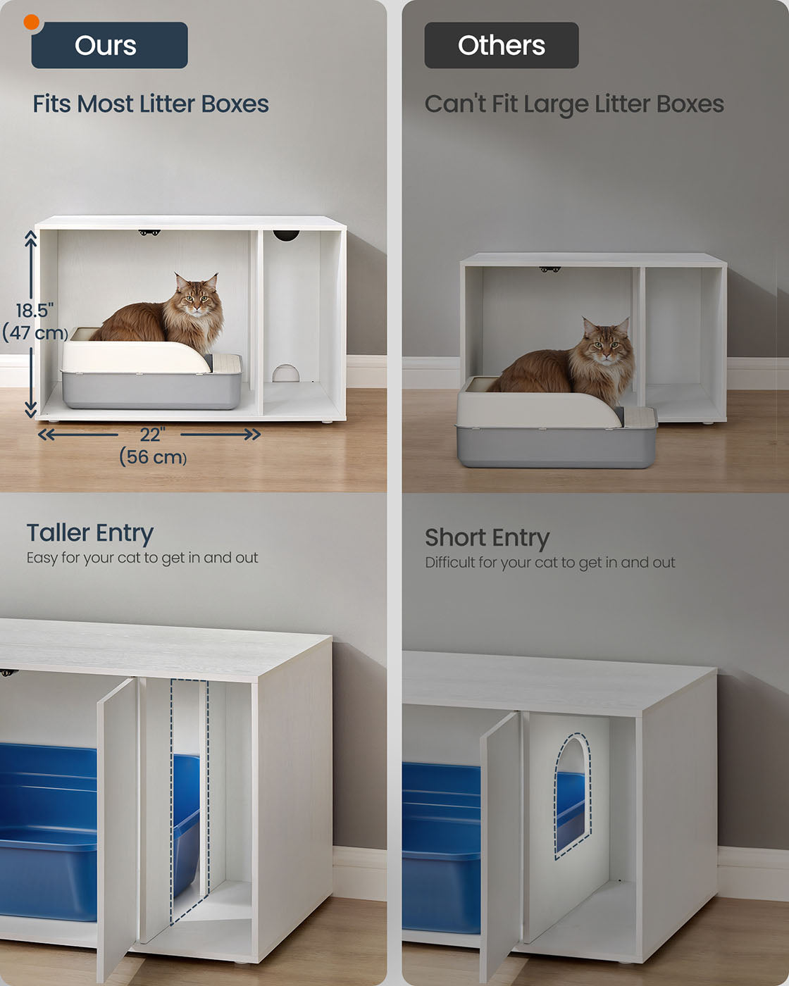 Cat Litter Box Enclosure – Plywood – Snow White – Toolless Assembly, Push-to-Open Doors