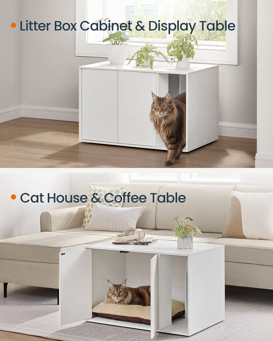 Cat Litter Box Enclosure – Plywood – Snow White – Toolless Assembly, Push-to-Open Doors