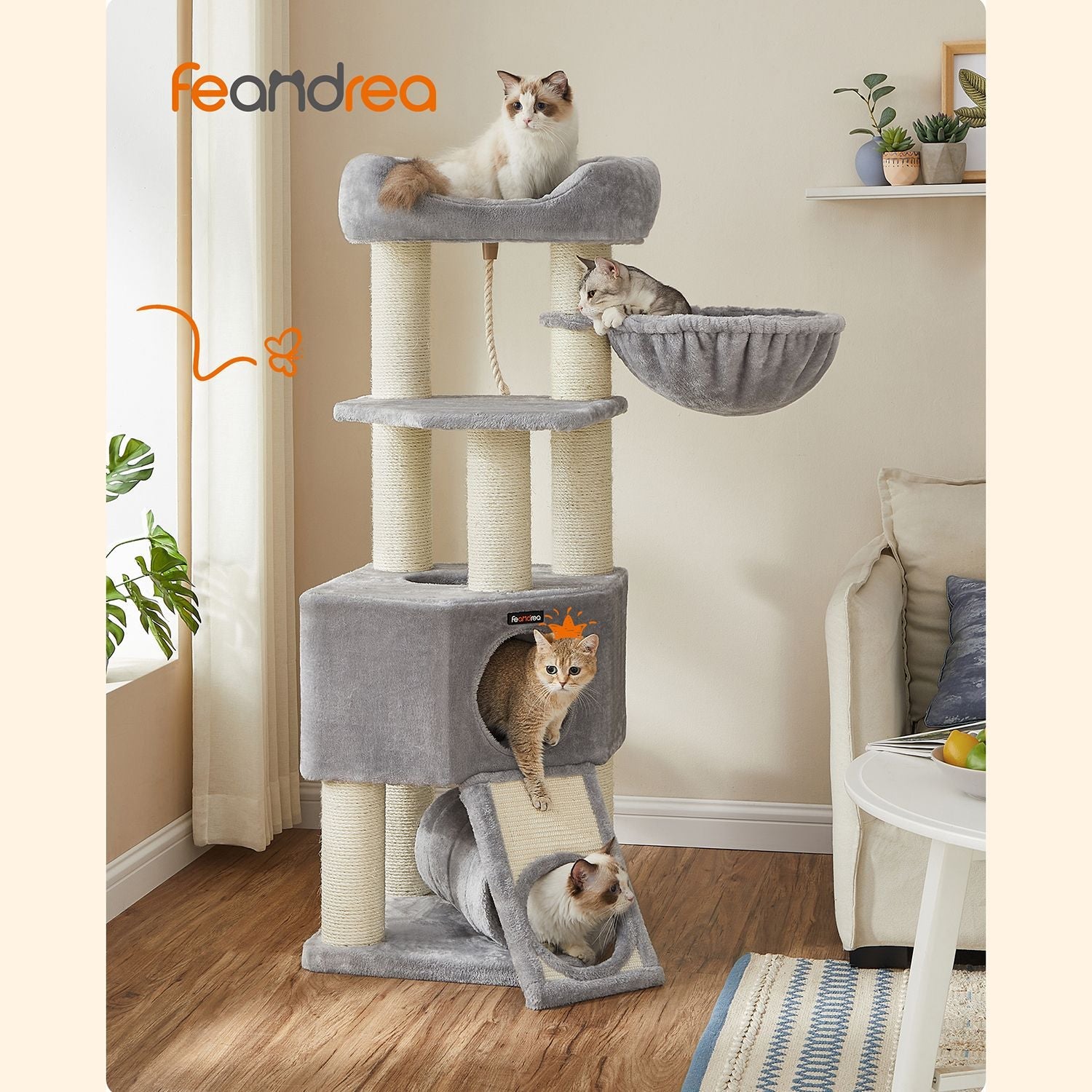 Cat Condo – PCT02W – Light Grey – Large Tower with Fluffy Plush Perch and Cuddle Cave