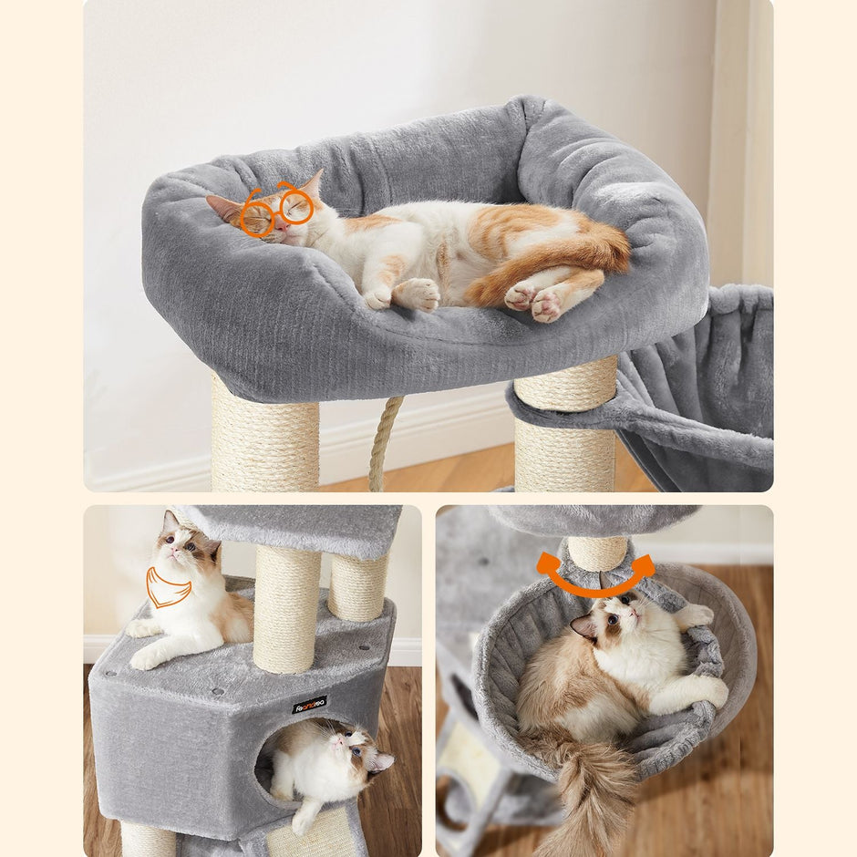 Cat Condo – PCT02W – Light Grey – Large Tower with Fluffy Plush Perch and Cuddle Cave
