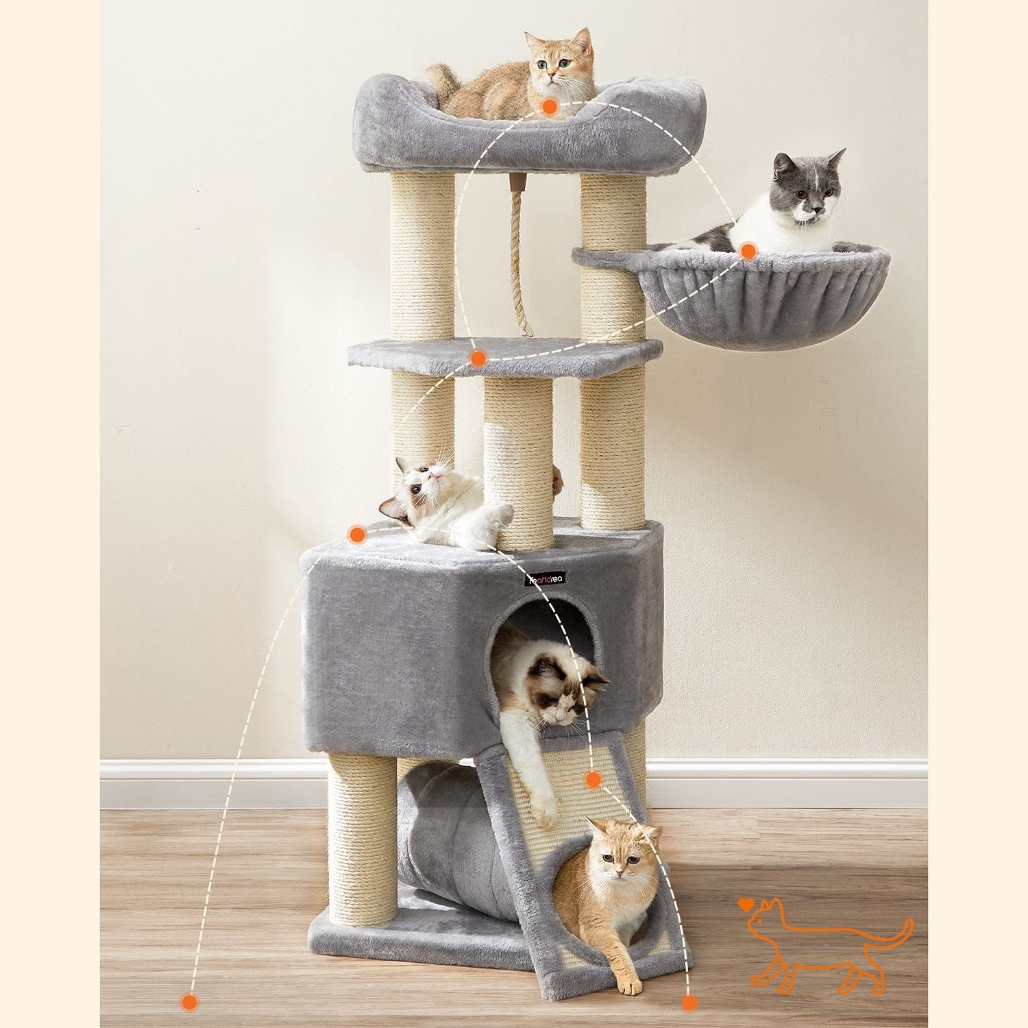 Cat Condo – PCT02W – Light Grey – Large Tower with Fluffy Plush Perch and Cuddle Cave