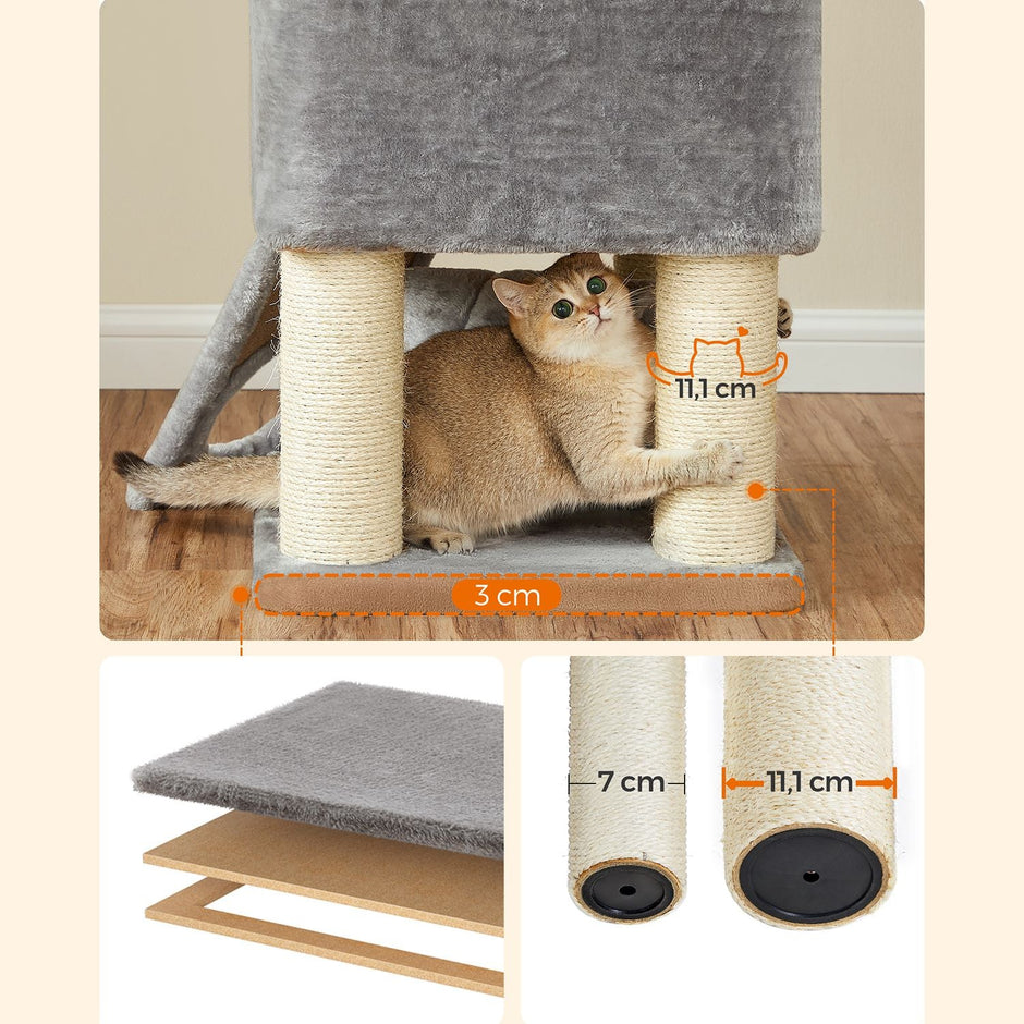 Cat Condo – PCT02W – Light Grey – Large Tower with Fluffy Plush Perch and Cuddle Cave