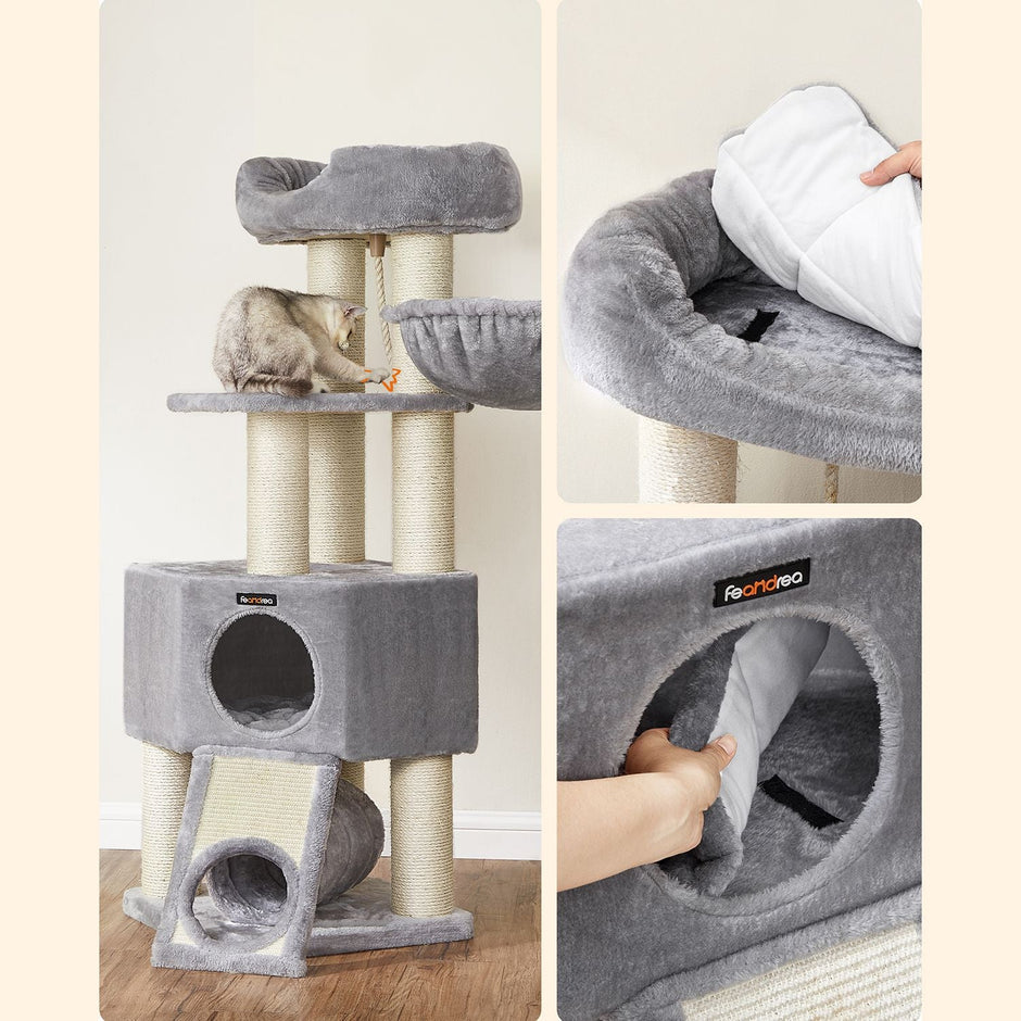 Cat Condo – PCT02W – Light Grey – Large Tower with Fluffy Plush Perch and Cuddle Cave